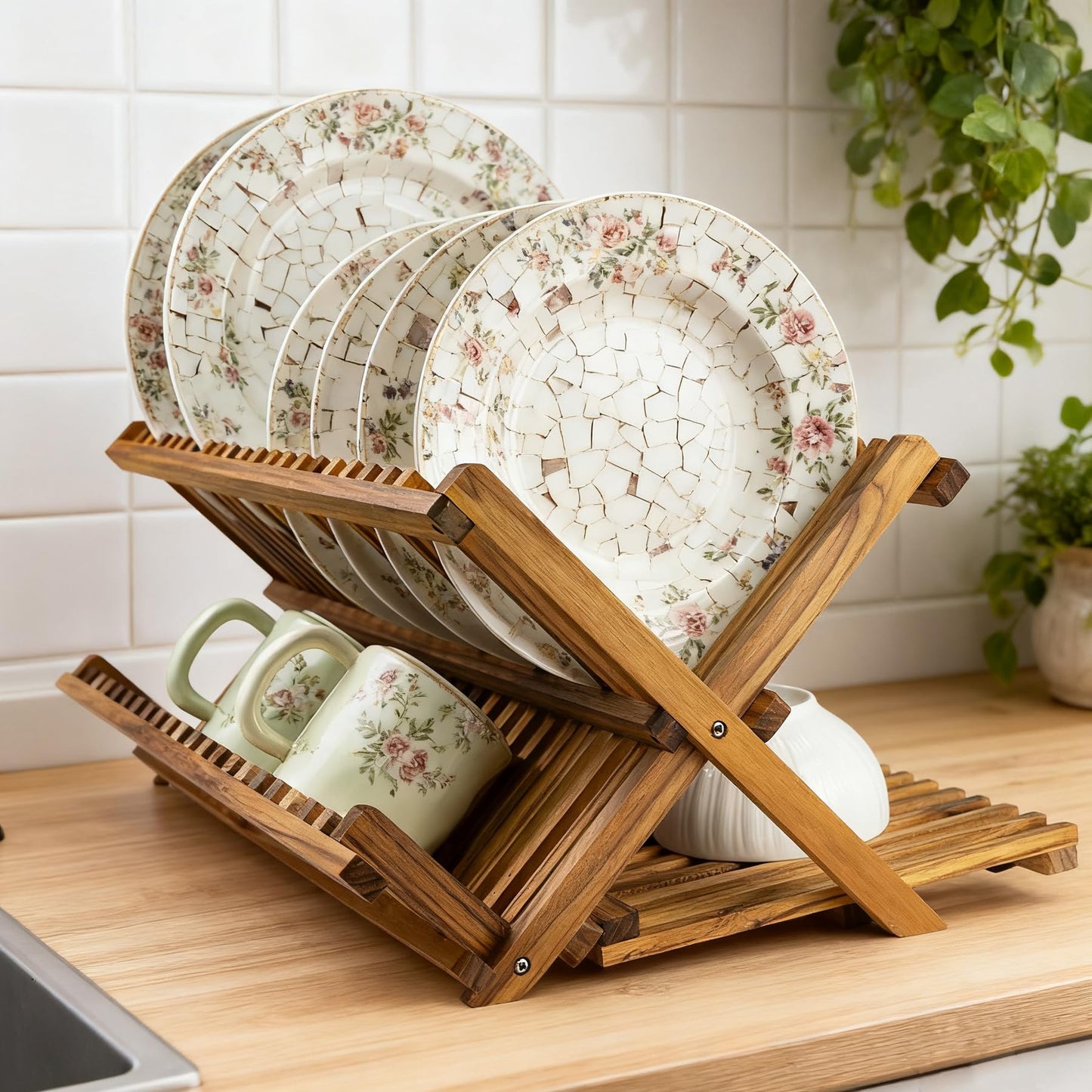 Utoplike Large Teak Dish Drying Rack, Wooden 3 Tier Collapsible Dish Drainer for Countertop, Kitchen Organizer for Pasta Plates, Cups