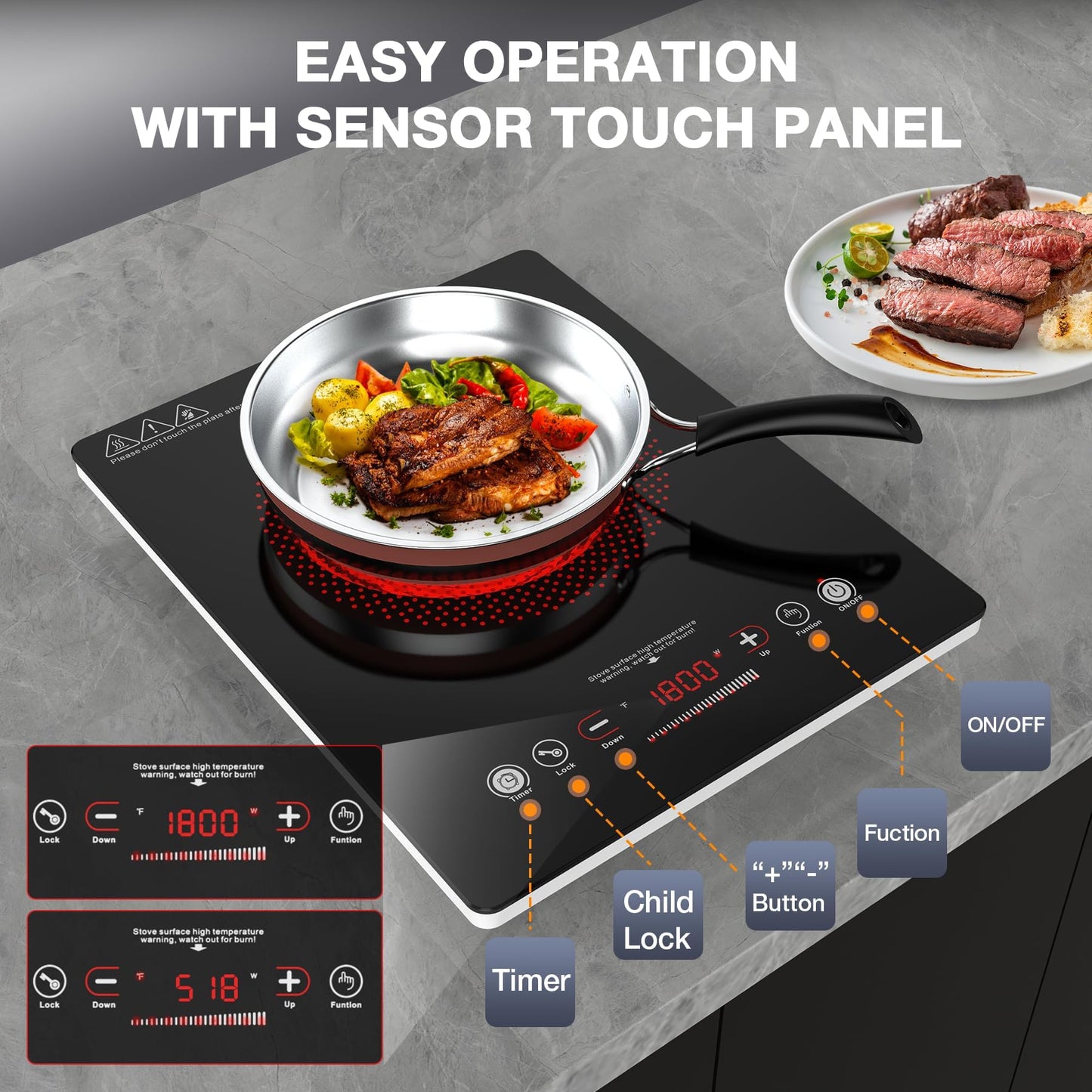 VBGK Single Burner Electric Cooktop,110V 1800W Electric Stove Top with LED Touch Control,Single burner 9 Power Levels, 4 h Timer, Safety Lock,Overheat protection