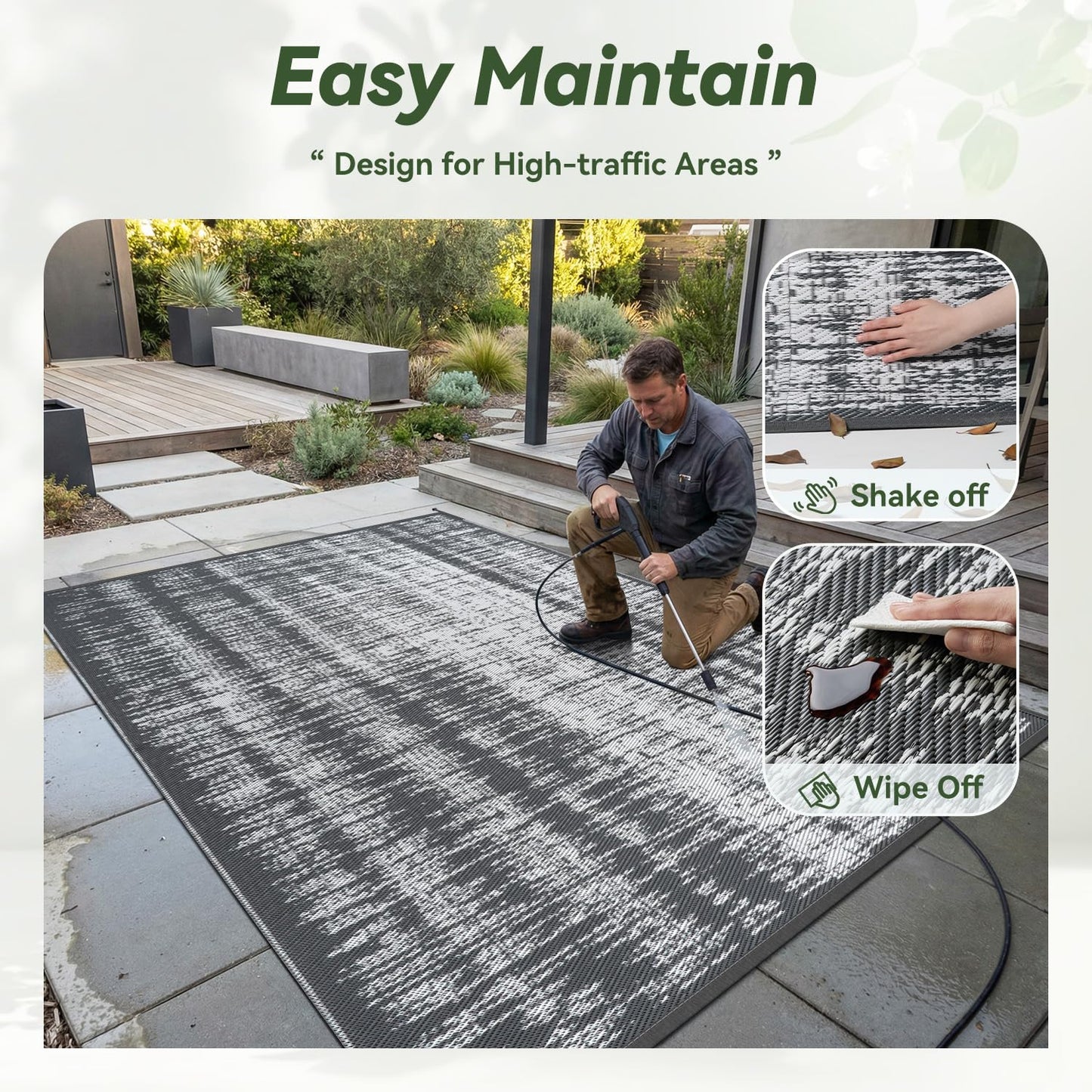 COCOER-Outdoor Rug-Patio Rug 5x8 ft Outdoor Carpet Camping Rugs Reversible Mat Modern Plastic Straw Rugs for RV Camper Balcony Backyard Picnic Deck Fashion Dark Grey