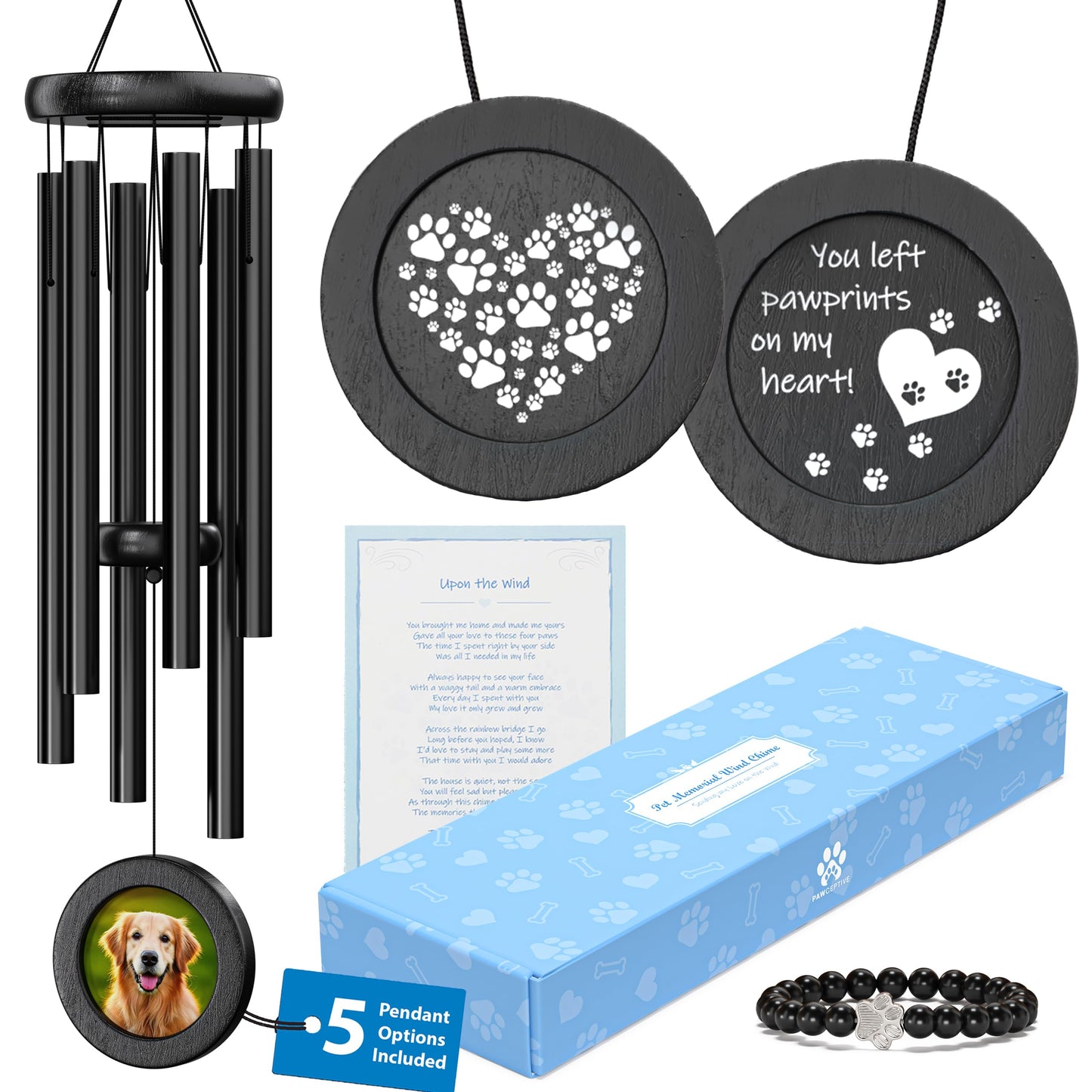 Dog Memorial Wind Chime 28" with 5 Pendant Designs and Comforting Pet Loss eBook- Pet Memorial Gifts-Loss of Dog Sympathy Gift-Dogs Wind Chimes, Remembrance Gift