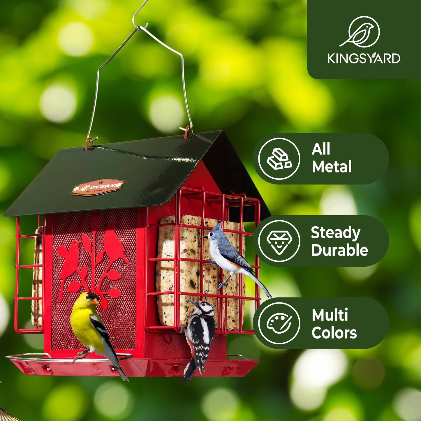 Kingsyard Bird Feeder for Outdoor Hanging, All Metal, Wild Bird Feeder with Double Suet Cages, Seeds Tray & Rainproof Roof, 3 LBS Large Capacity, Red