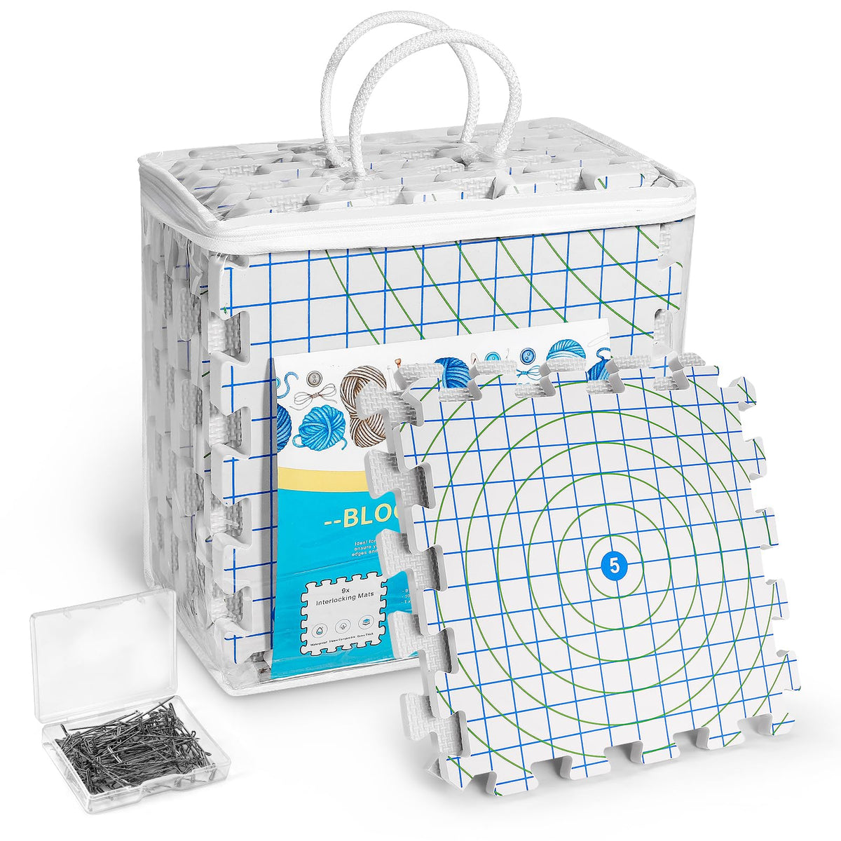 Yiitoll Blocking Mats for Knitting, Extra Thick Knitting Blocking Mats with Grid Radial Lines, 9 Packs Crochet Blocking Board with 100 T-pins and Storage Bag (White)