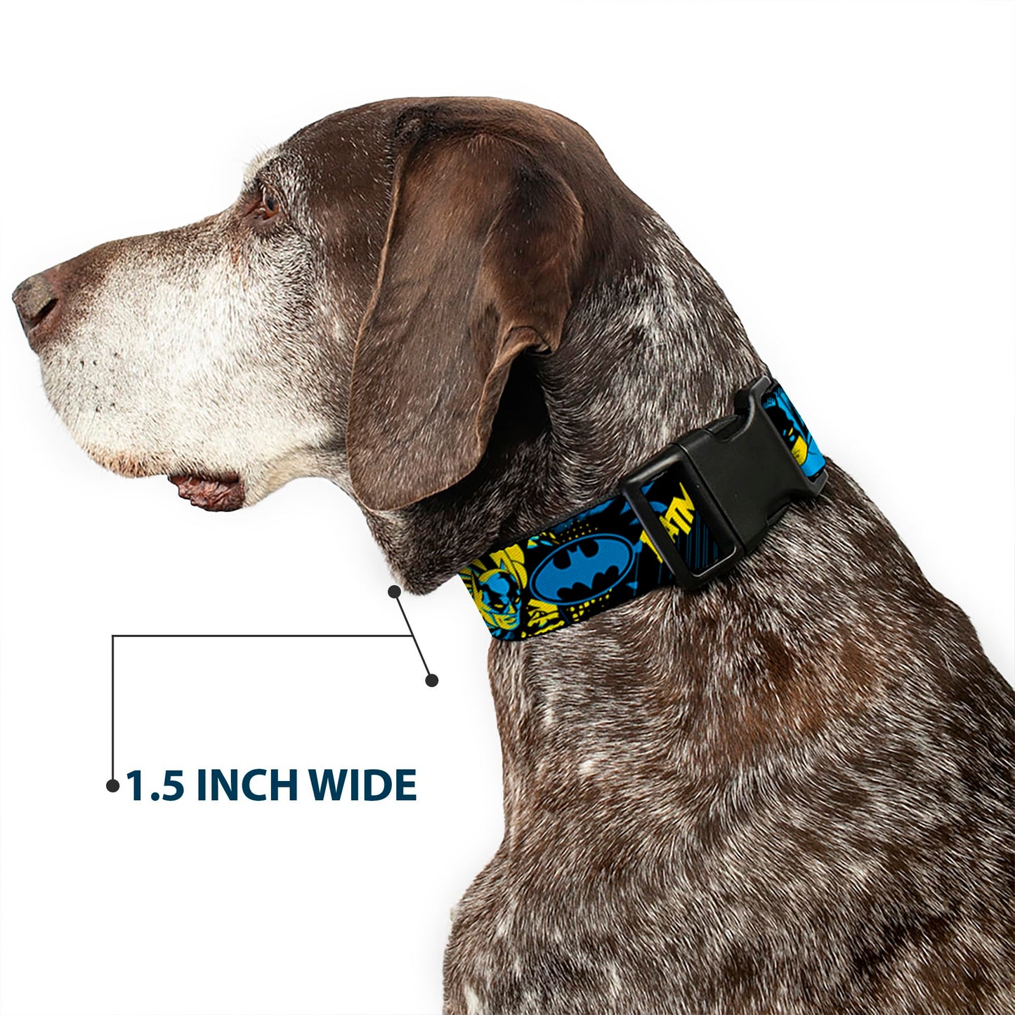 DC Comics Pet Collar, Dog Collar Plastic Buckle, Batman Poses and Logo Collage Black Blue Yellow, 15 to 24 Inches 1.0 Inch Wide