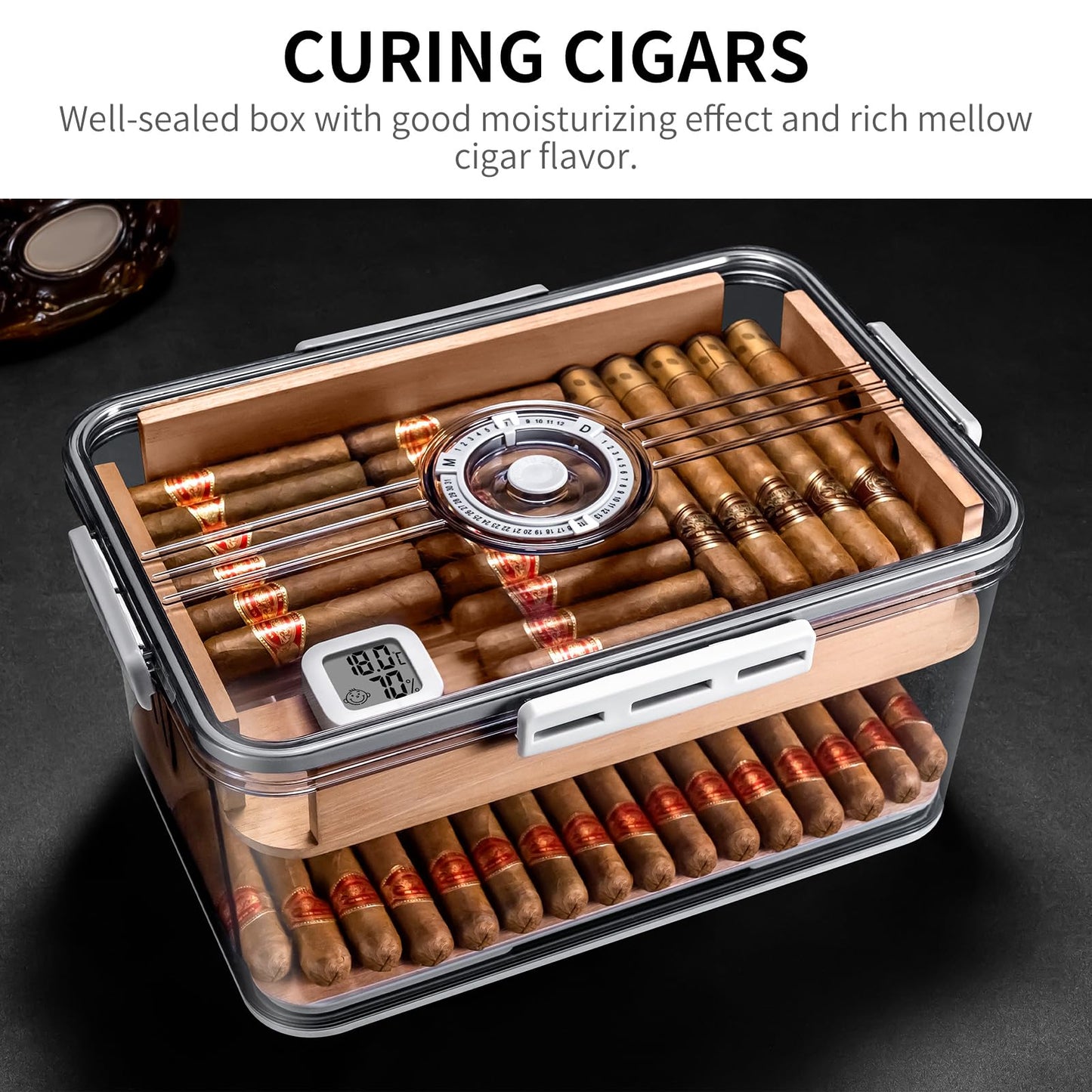 CIGARLOONG Cigar Humidor Large Accommodate 80-100 Cigars,Built-in Cedar Wood Shelf with High Precision Hygrometer and HumidifierTransparent Acrylic Cigar Storage Box (L)
