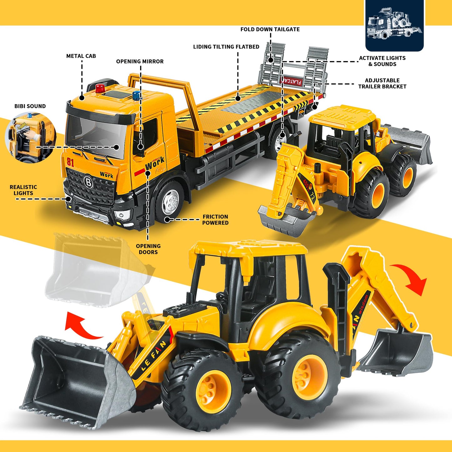 ID Gerilla Tow Truck Toy Metal Cab, Flatbed Tow Truck Toys for Boys Age 3-5 with Backhoe Loader, Friction Powered Transport Trailers with Lights, Sounds, Construction Vehicles for Kids Birthday