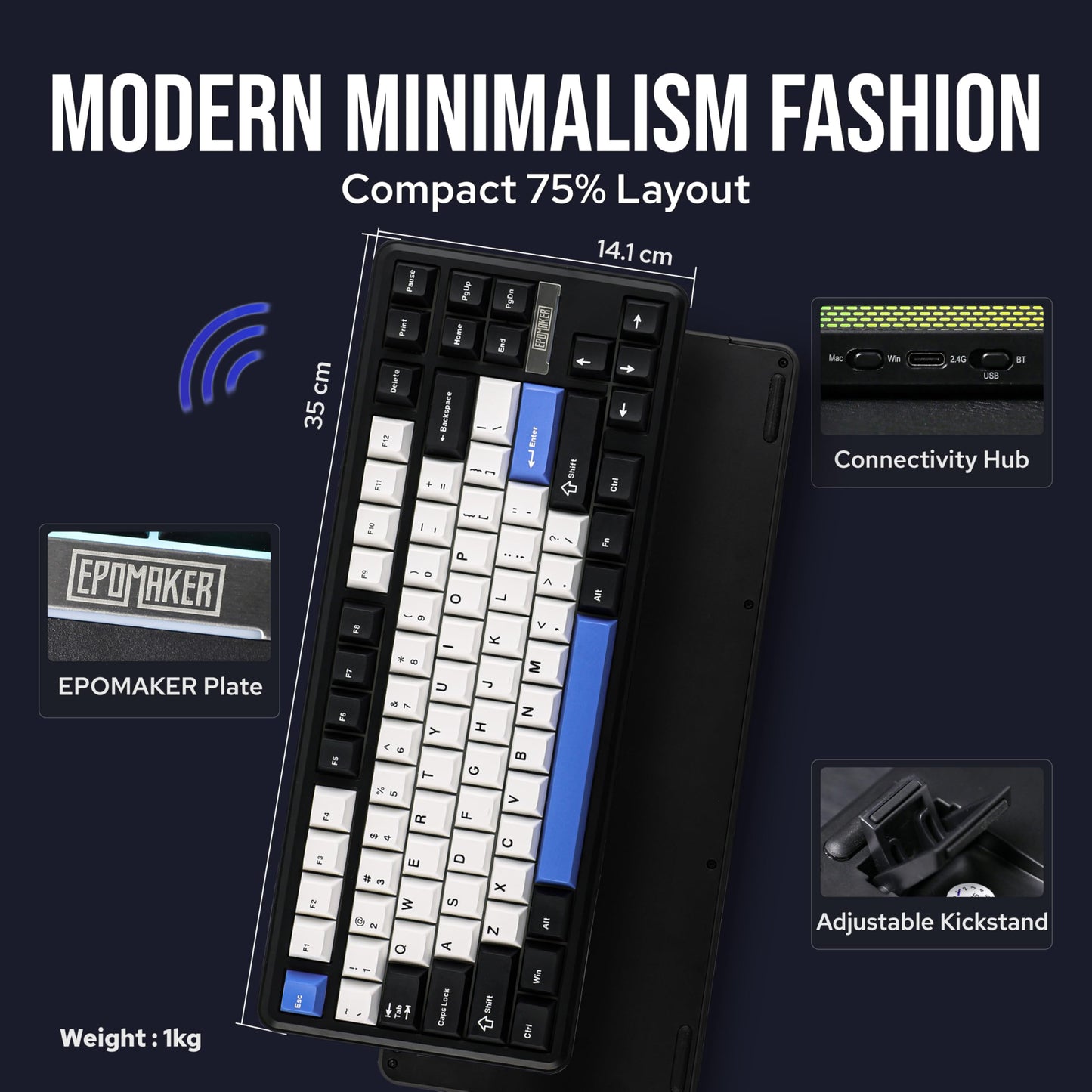 EPOMAKER TH85 QMK/VIA Wireless Mechanical Keyboard, USB/2.4Ghz/Bluetooth Gaming Keyboard, Hot Swappable Custom Keyboard, Gasket Creamy Keyboard for PC/Mac/Office/Gaming (Black&White&Blue)
