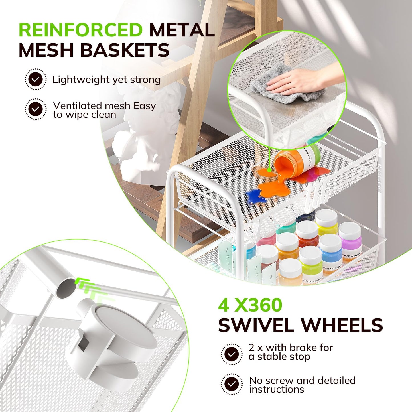 Goovilla 4-Tier Metal Rolling Cart, Mesh Wire Easy Assemble Utility Cart, Storage Trolley on Wheels with 4 Hooks, Metal Storage Shelving Units for Kitchen Bathroom Laundry Living Room, White