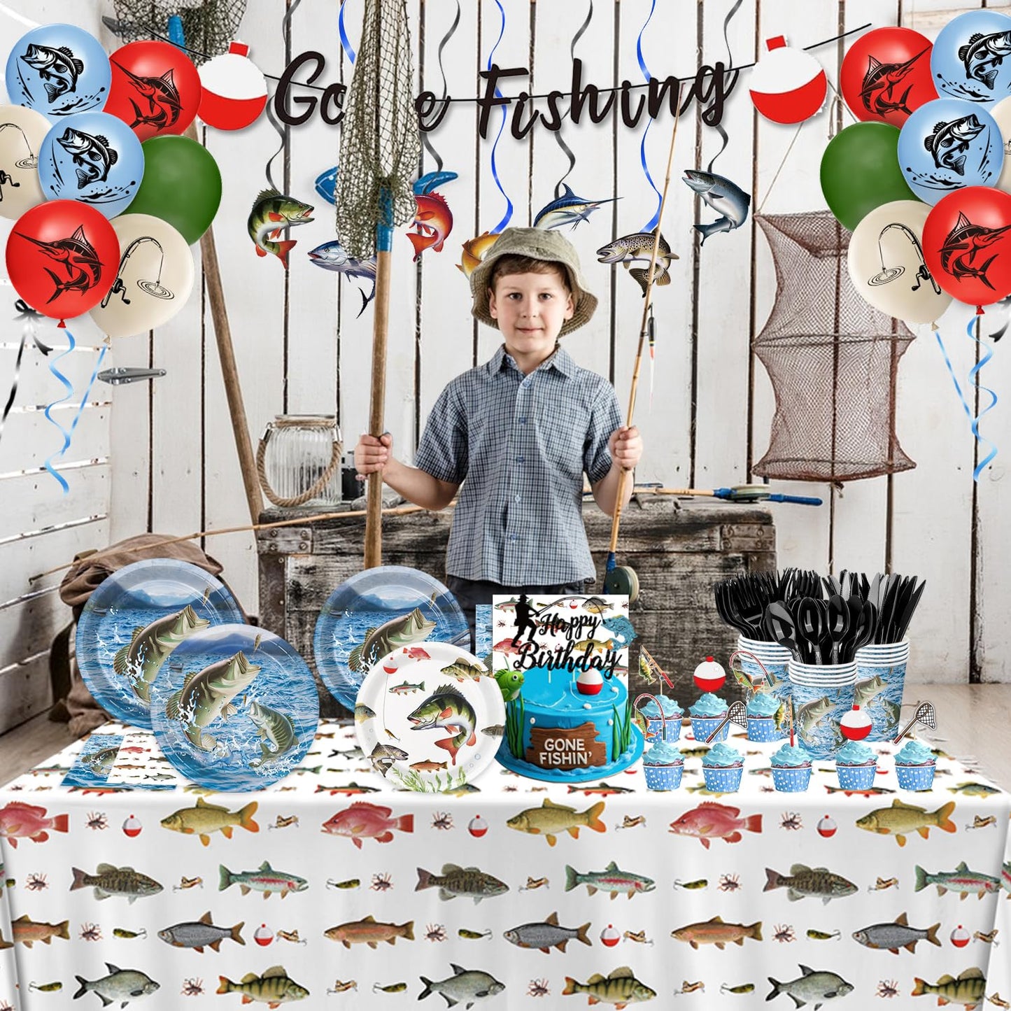 178PCS Fishing Birthday Party Decorations Includes Plates, Napkins, Cups, Cutlery, Tablecloth, Cake & Cupcake Toppers, Banner, Hanging Swirls, Balloons for Fishing Party Decorations, Serve 20