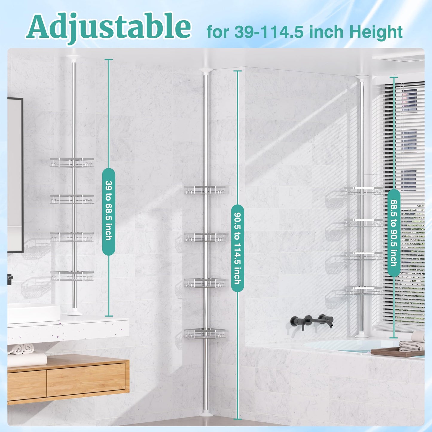 Shower Caddy Corner Tension Pole Stainless Organizer for Bathroom, Rustproof 4 Large Shelves and 2 Small Basket for Bathtub Shampoo Accessories Storage, 23.6 to 114.5 Inch Height Adjustable (Silver)