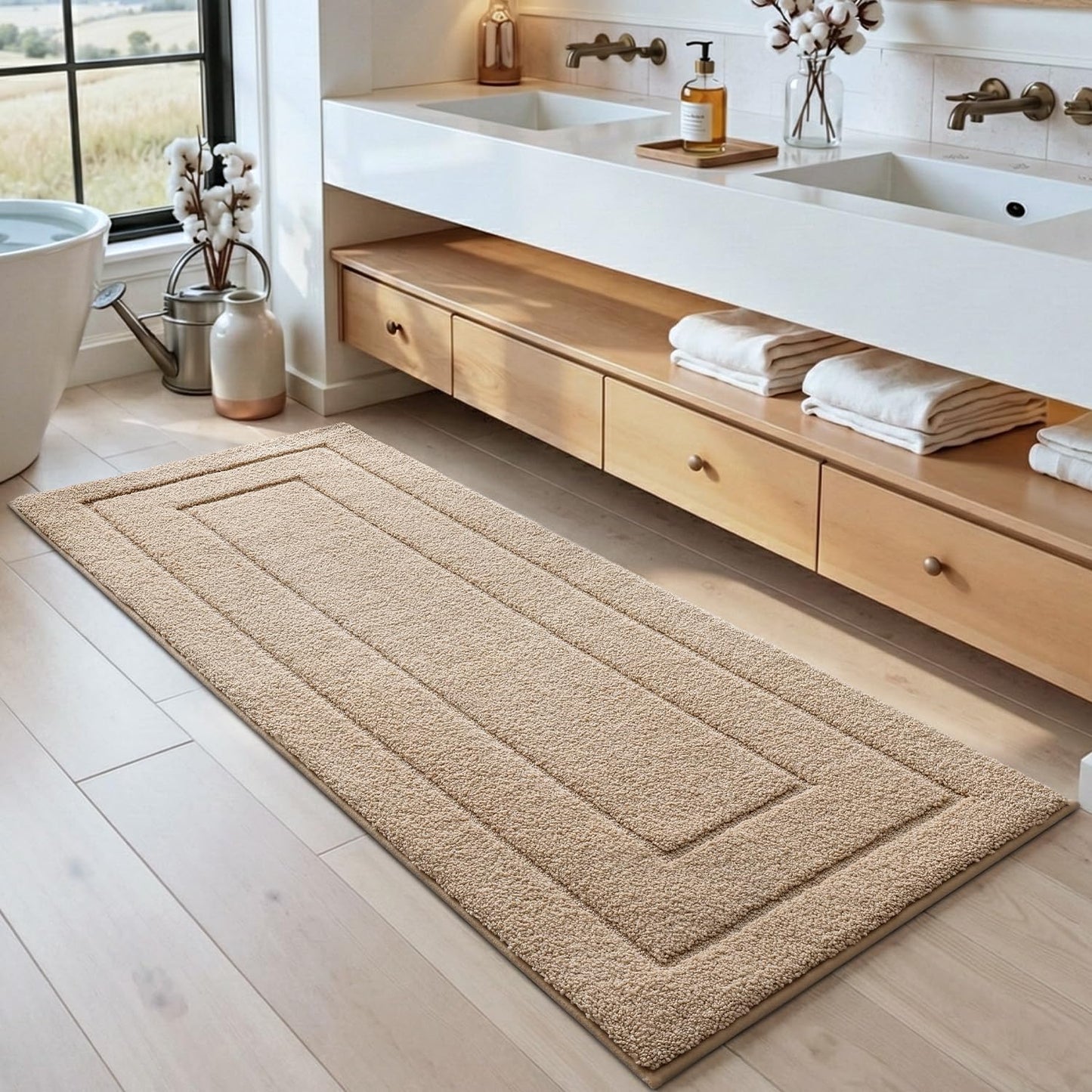 DEXI Bath Mat Non Slip, 24x60 Absorbent Microfiber Soft Bathroom Rug, Machine Washable Carpet for Shower Floor Bathmat Decor, Beige