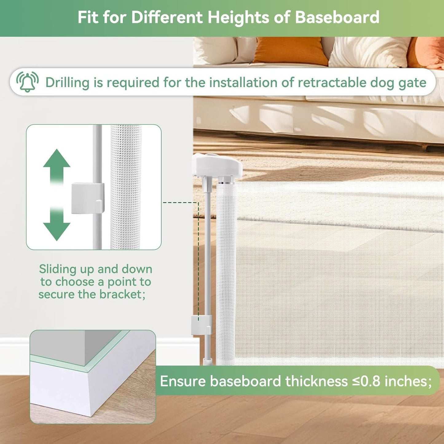 Crazydeer 14" Tall Short Dog Gate to Step Over, Retractable Mesh Pet Door for Small Puppy, Extended up to 55" Wide for Indoor Stairs Doorways and Hallway(White)