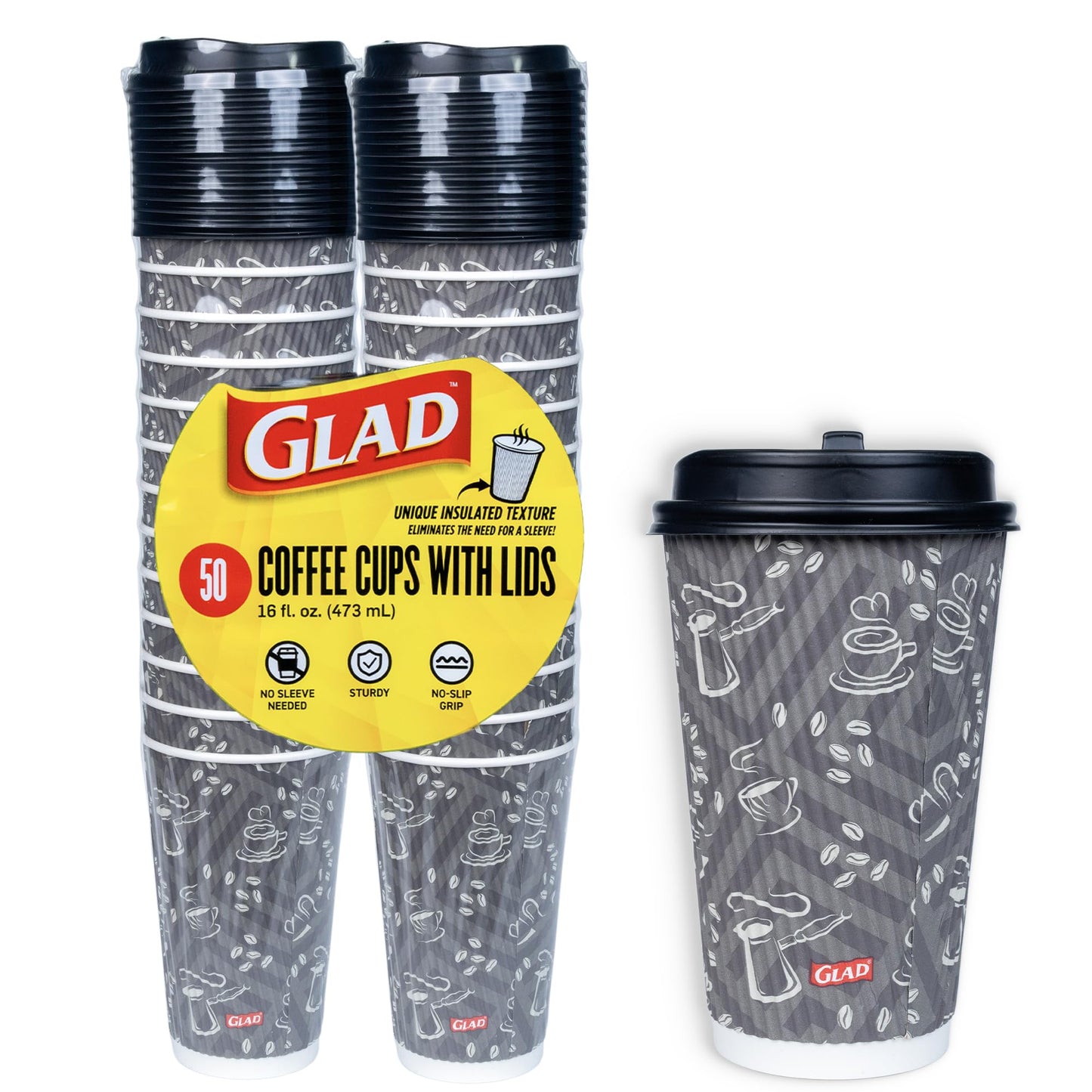 Glad Everyday Disposable Coffee Cups with Lids – 16 oz Insulated Paper Coffee Cups, Hot Chocolate, Hot Cocoa, or Tea Cups, No Sleeve Needed, 50 Count