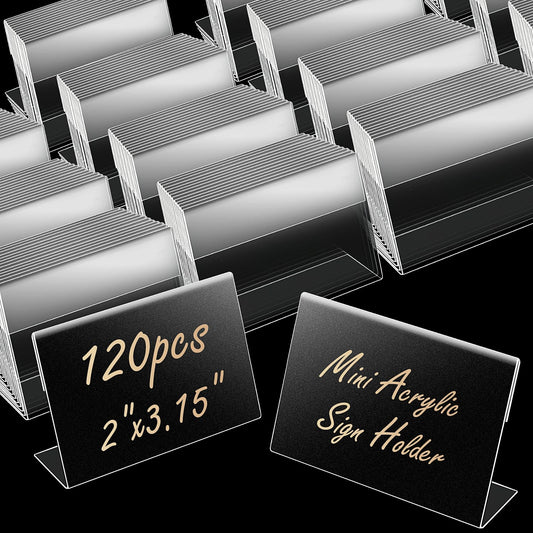120 Pack Mini Acrylic Sign Display Holder 3.15x2 Inch Clear Price Display Holder Small Price Card Holder L Shape Stand Up Label Sign Holder for Weddings, Buffet, Birthday Parties, Bakery and Retail