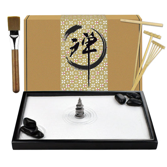 Artcome Japanese Zen Sand Garden for Desk with Rake, Stand, Rocks and Mini Furnishing Articles - Office Table Accessories, Mini Zen Sand Garden Kit - Meditation Gifts