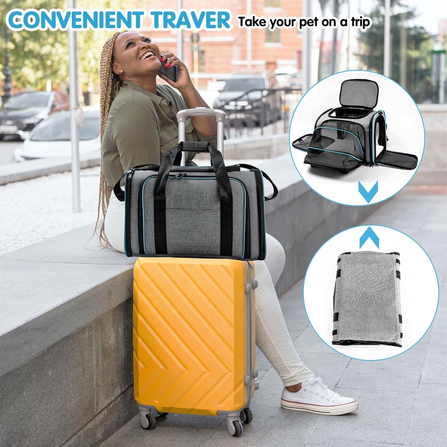 Cat Dog Carrier - Airline Approved Expandable Soft-Sided Pet Carrier, 4 Sides Expandable Cat Collapsible Carrier with Removable Fleece Pad and Pockets for Cats Dogs and Small Animals