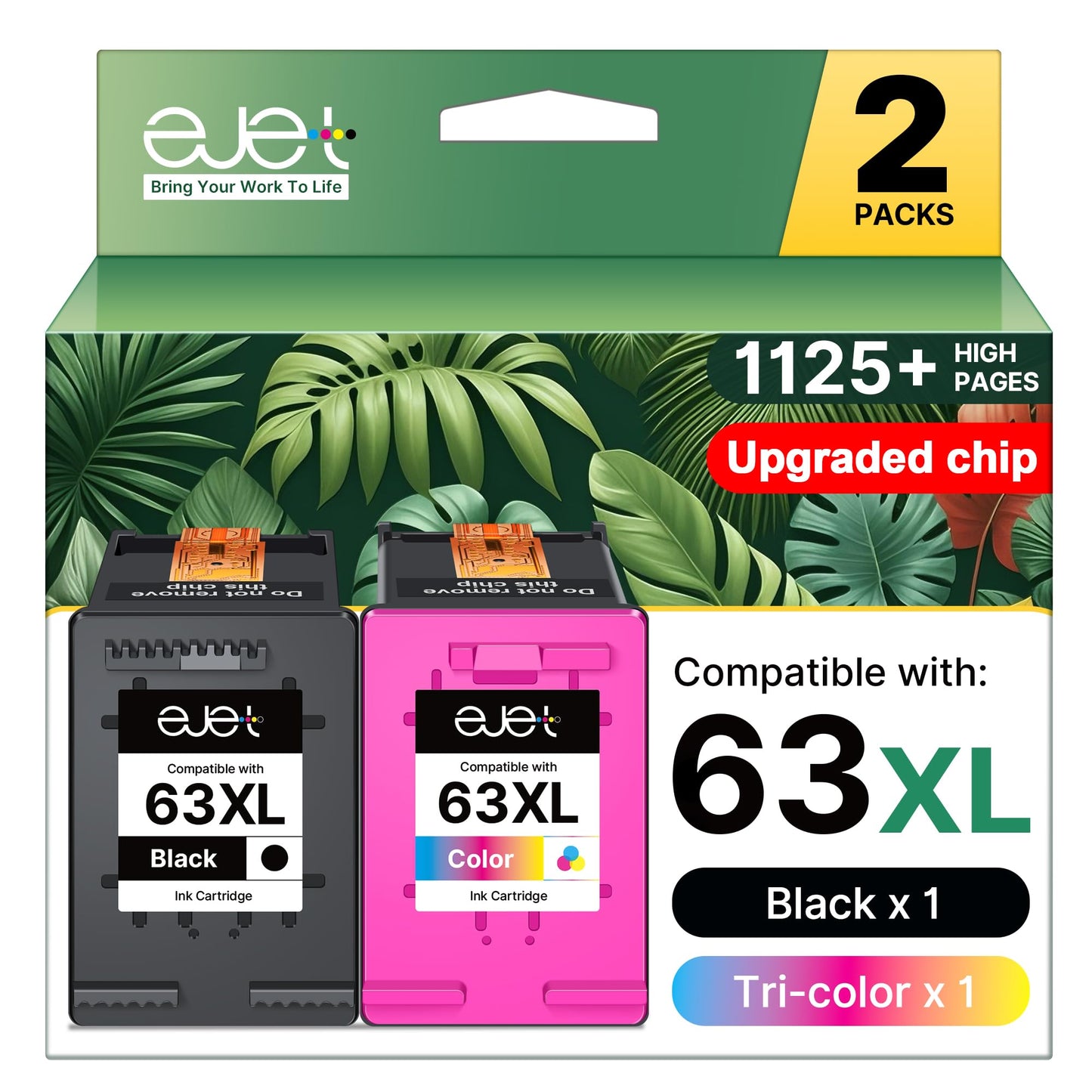 ejet Compatible 63XL Ink Cartridge Replacement for HP OfficeJet 3830 4650 5255 5258 4655 4652 3833 Envy 4520 4512 DeskJet 1112 3630, Black, Tri-Color, 2-Pack