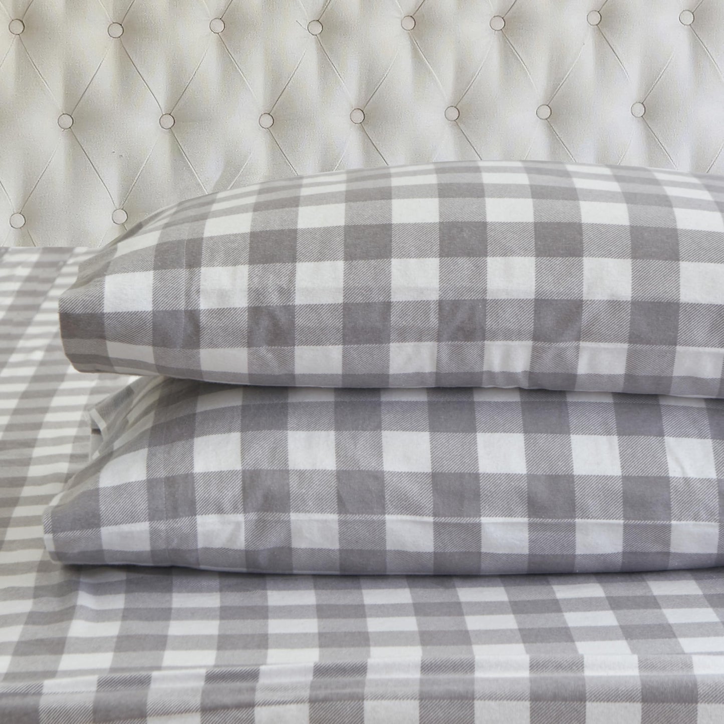 Elegant Comfort Soft 4-Piece 100% Turkish Cotton Flannel Sheet Set - Premium Quality, Deep Pocket Fitted Sheet, Ultra Soft, Cozy Warm Flannel Sheets - King, Buffalo Check Gray
