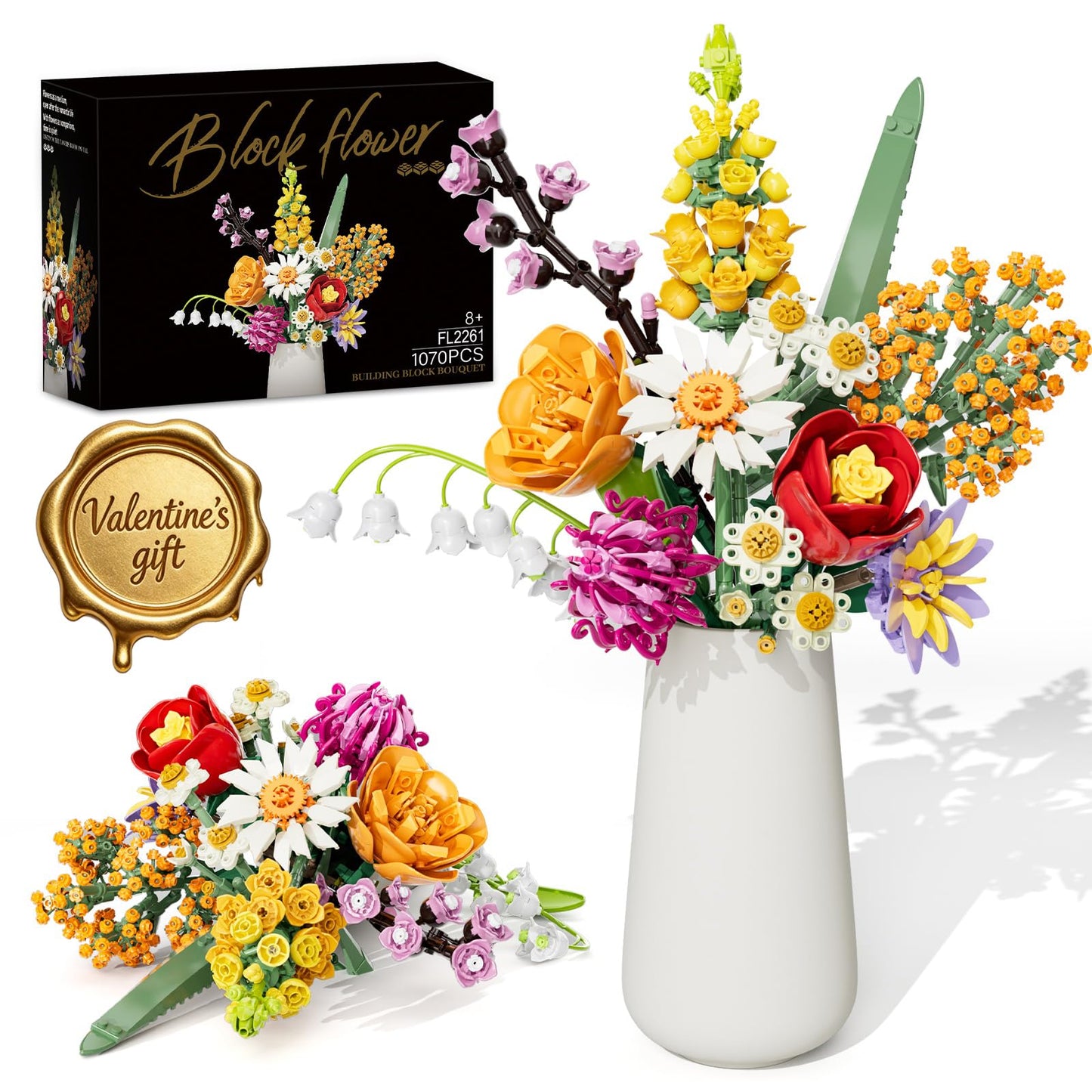 Flowers Bouquet Building Set, 1070PCS Wildflower Botanical Collection, Artificial Plant Flower Kit Toy for Adults Kids Women Her, Home Decor Gift for Birthday, Valentine's Day, Christmas (No Vase)