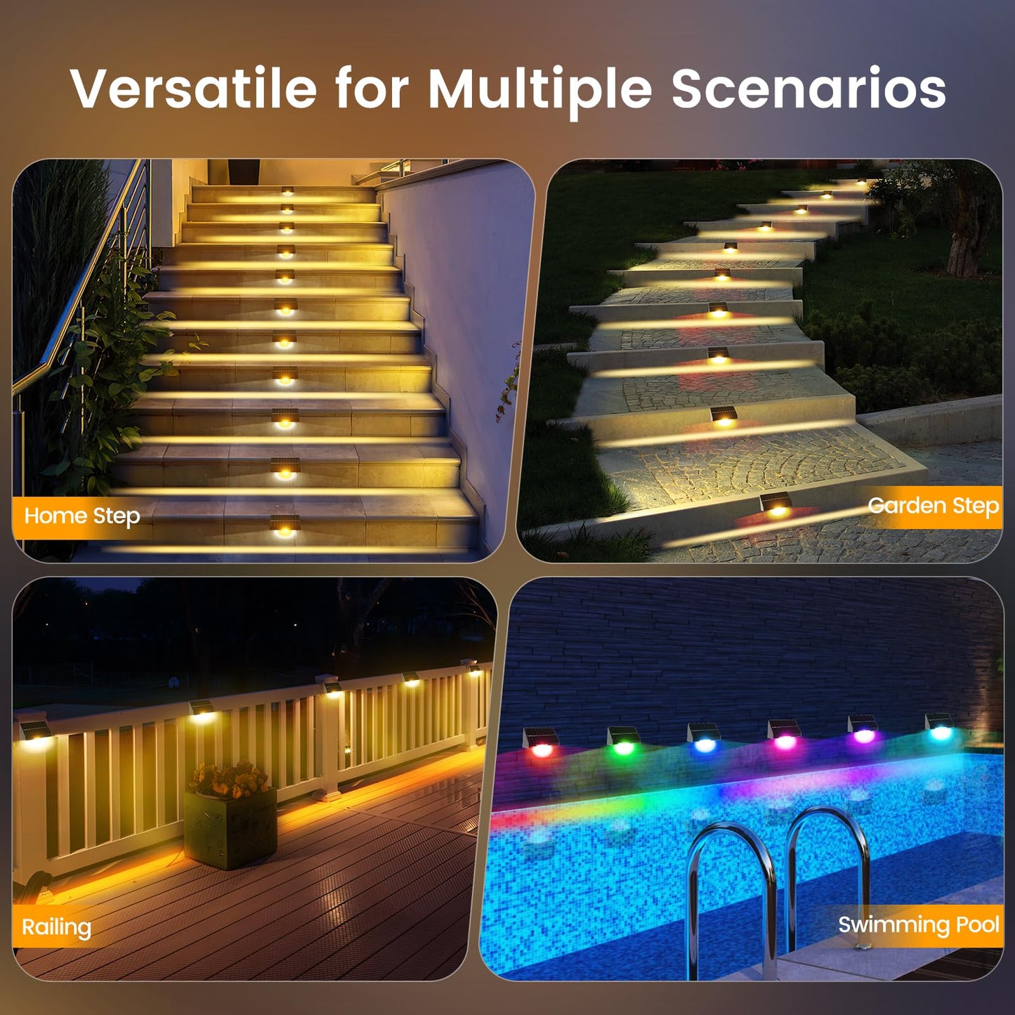 Quntis RGBWW Solar Step Lights 8-Pack, Upgrade 1-Light Covers 1-Step, IP65 Waterproof Solar Stair Lights, 10 Color Mode Solar Light Outdoor for Fence, Deck Patio Garden Stair, Porch, Railing, Sidewalk