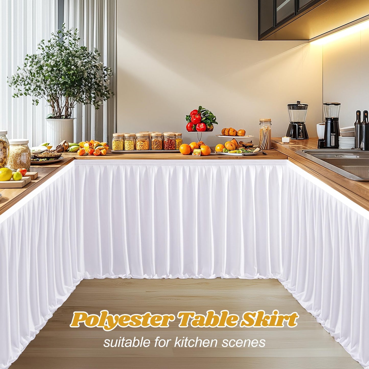 17ft Long White Table Skirt for Rectangle Tables Decorations - Wrinkle Resistant Polyester Pleated Table Skirting Desk Skirt for Office Baby Shower Birthday Party Wedding Banquet