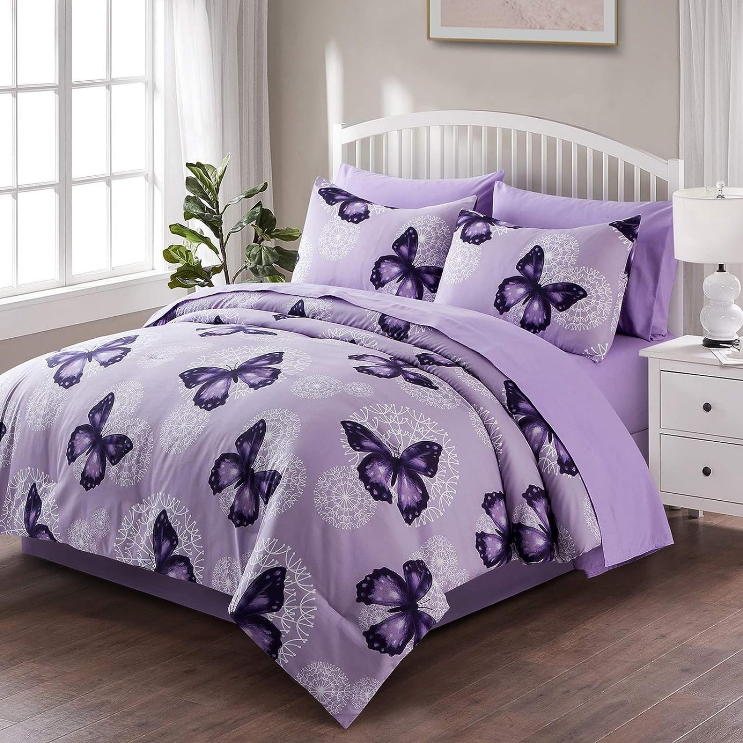 ARTALL Butterfly Pattern Bed in A Bag 6 Piece Bedding Twin Comforter Sets 1 Comforter, 1 Pillow Shams, 1 Flat Sheet, 1 Fitted Sheet, 1 Bed Skirt, 1 Pillowcases