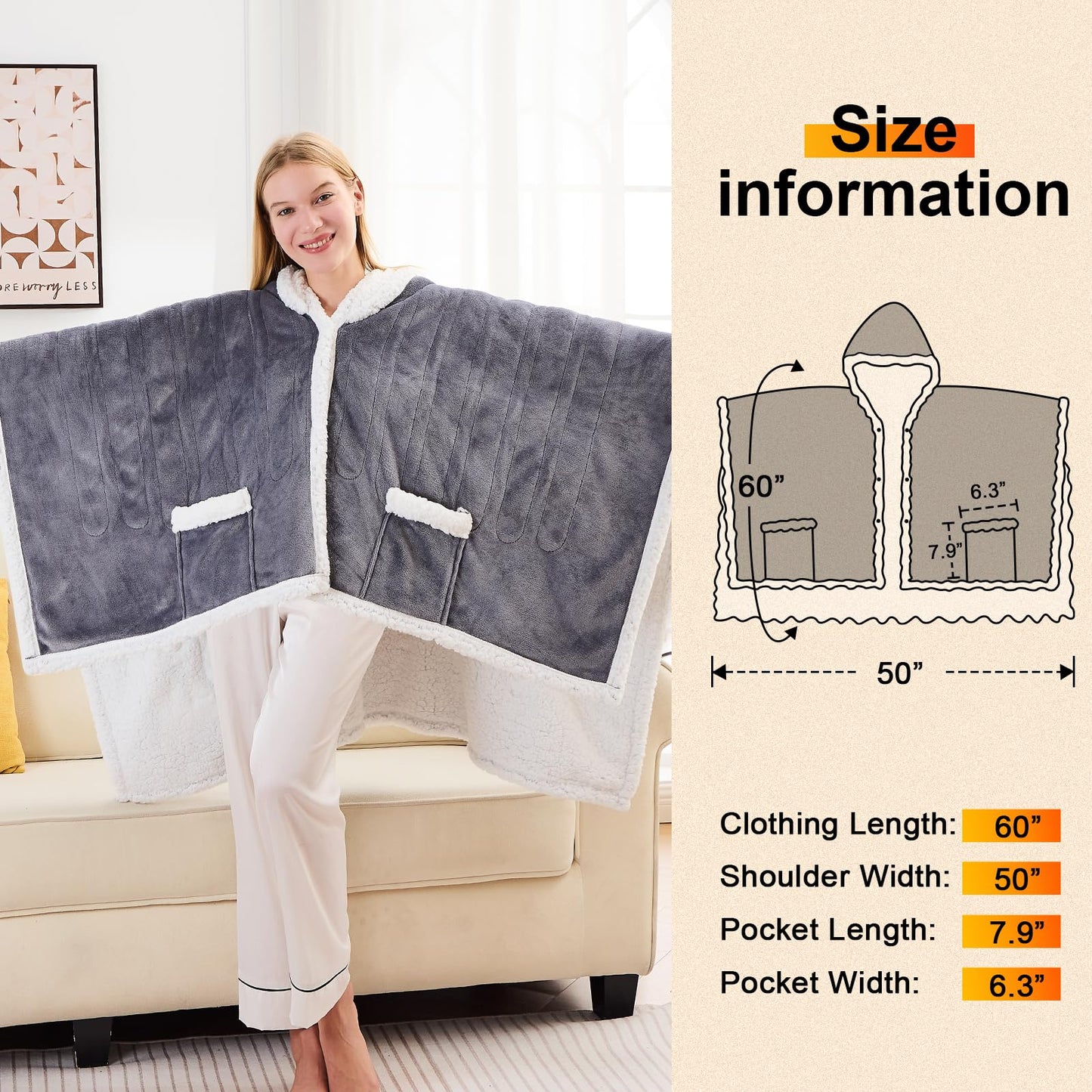 greenoak Wearable Heated Throw Blanket Electric Shawl - Heated Robe Poncho Blanket Hoodie for Adult, Winter Gifts for Mom Women Girlfriend Grandma 5-Position Timer 10-Heating Levels,Ash Gray