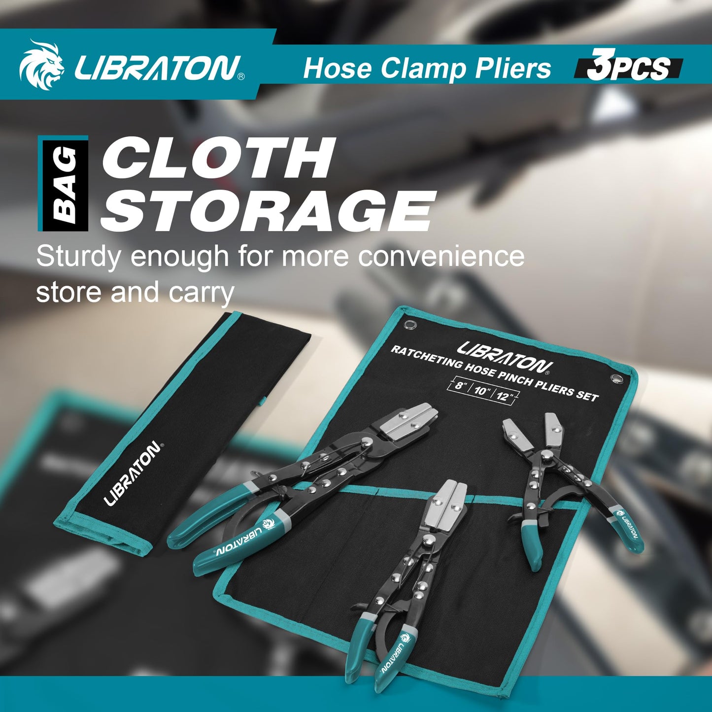 LIBRATON 3PCS Ratchet Hose Pliers Set, Automotive Pinch Pliers, Clamp Tool for Fuel, Flexible, Radiator Hoses - 8" 10" 12" With Storage Bag