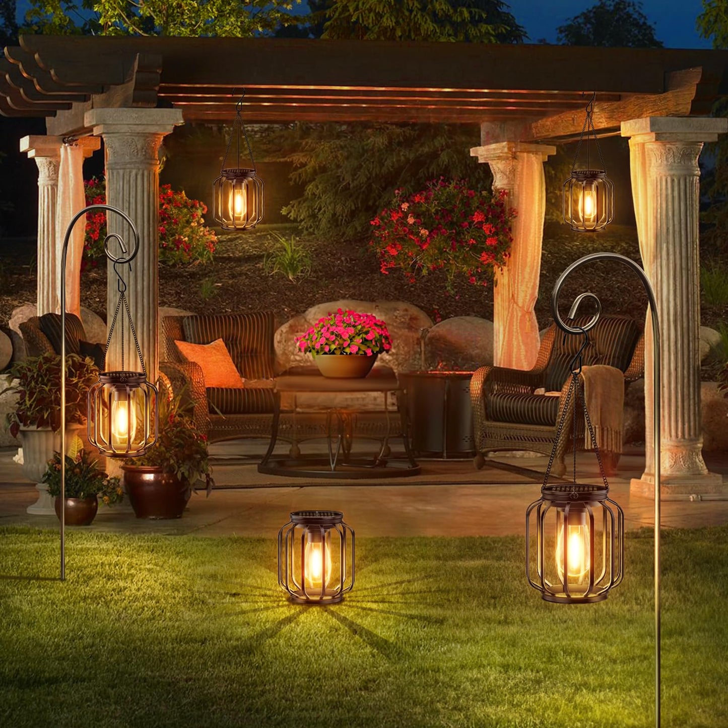 KOOPER Solar Lanterns Outdoor: 2 Pack Metal Solar Hanging Lanterns with Hook, Bright Waterproof LED Lanterns for Outside, Classic Decorative Solar-Powered Light for Yard Garden Patio Porch Decor