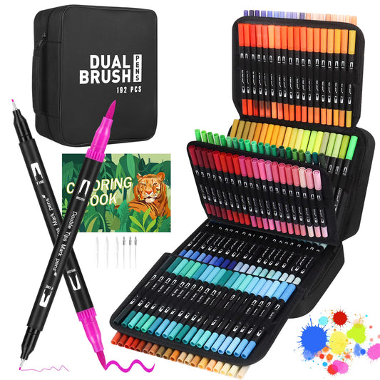 192 Colouring Markers Pens for Adults, Lainergie Dual Tip Brush Pens, Felt Tip Pens Art Set with Coloring Books for Artists Writing, Drawing, Painting, Sketching, Calligraphy
