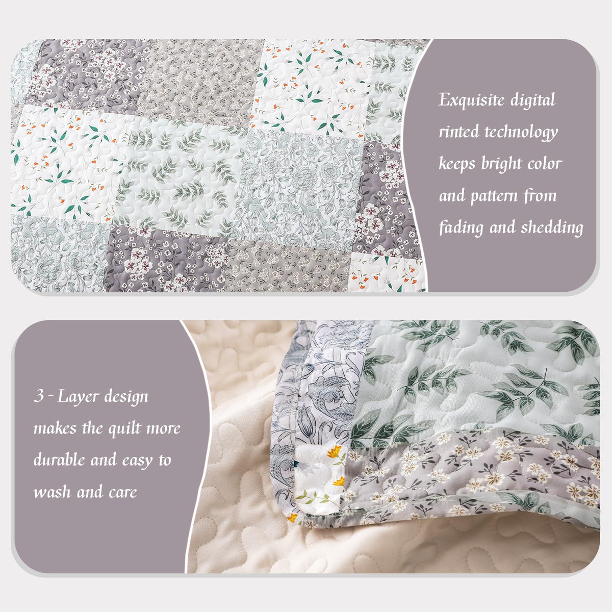 Whale Flotilla 3-Piece Printed Queen Size Quilt Bedding Set with 2 Pillow Shams Lightweight Reversible Bedspreads Coverlet Set for All Season, Light Grey