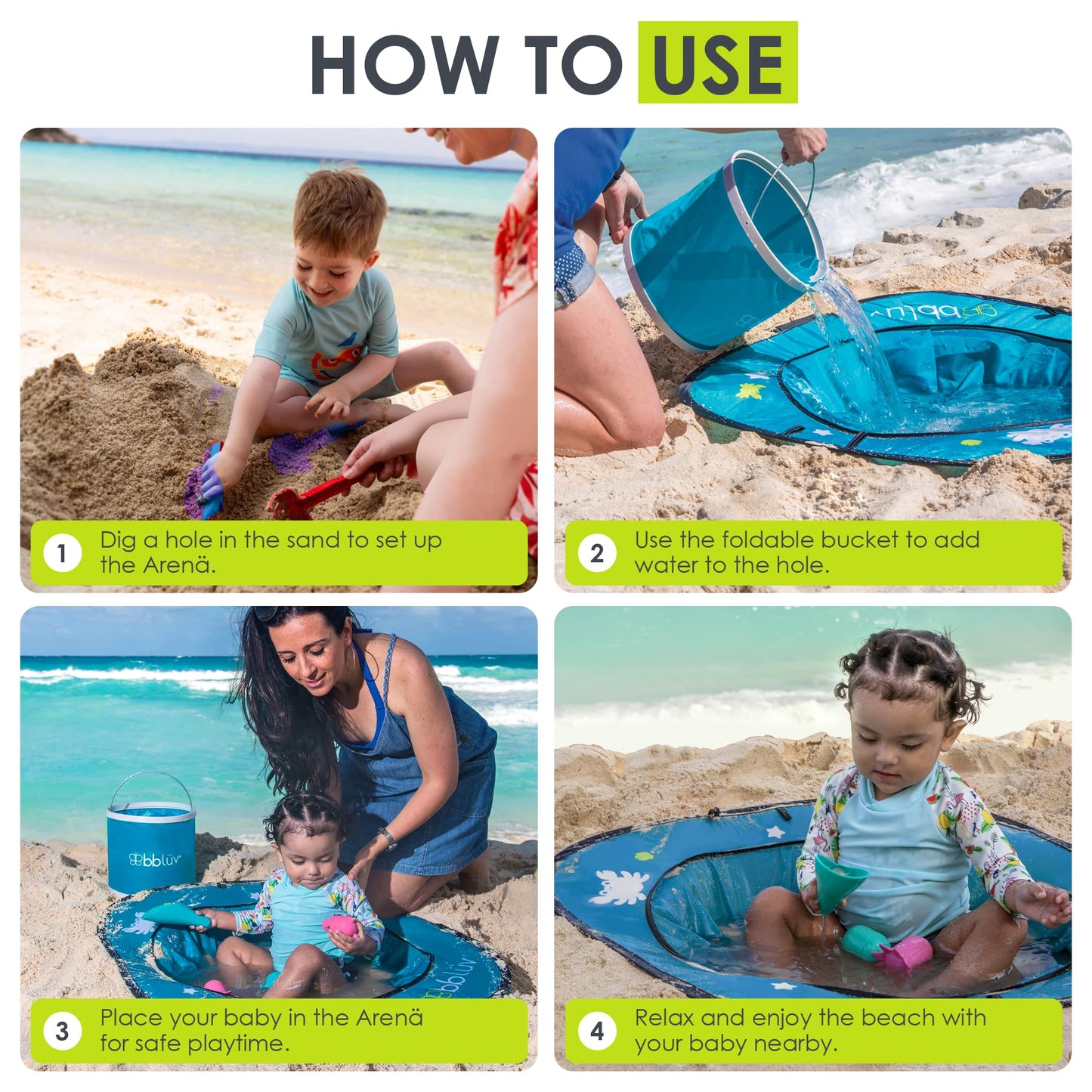 bblüv Arenä Pop-Up Beach Pool for Infants - Easy Clean - Waterproof Material- Instant Setup - Compact Foldable Bucket - Safe Cooling Space - Anchors for Stability - Ultimate Summer Fun for Your Baby