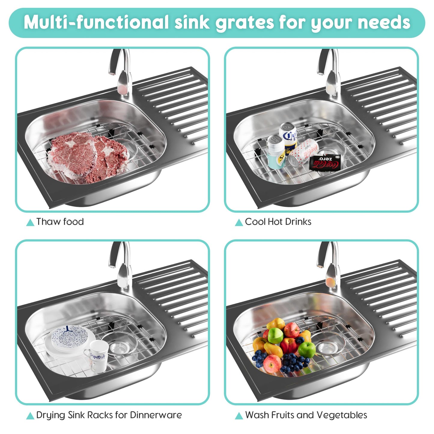 DPZM 1Pcs 304 Stainless Steel Sink Protectors for Kitchen Sink,Sink Protector with Rubber Foot,13.1''x11.6''x1''Sink Bottom Grid with 1Pcs Sink Strainers, Sink Grid for Single or Double Bowls