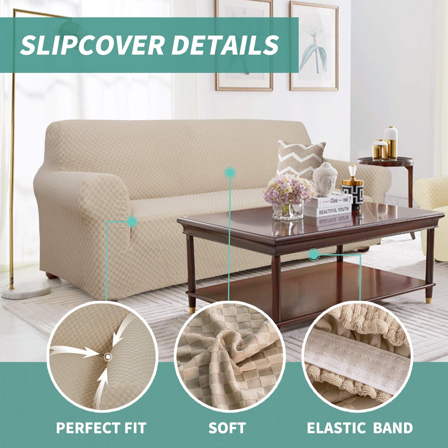 YEMYHOM Couch Cover Latest Jacquard Design High Stretch Sofa Covers for 3 Cushion Couch, Pet Dog Cat Proof Slipcover Non Slip Magic Elastic Furniture Protector (Large, Khaki)