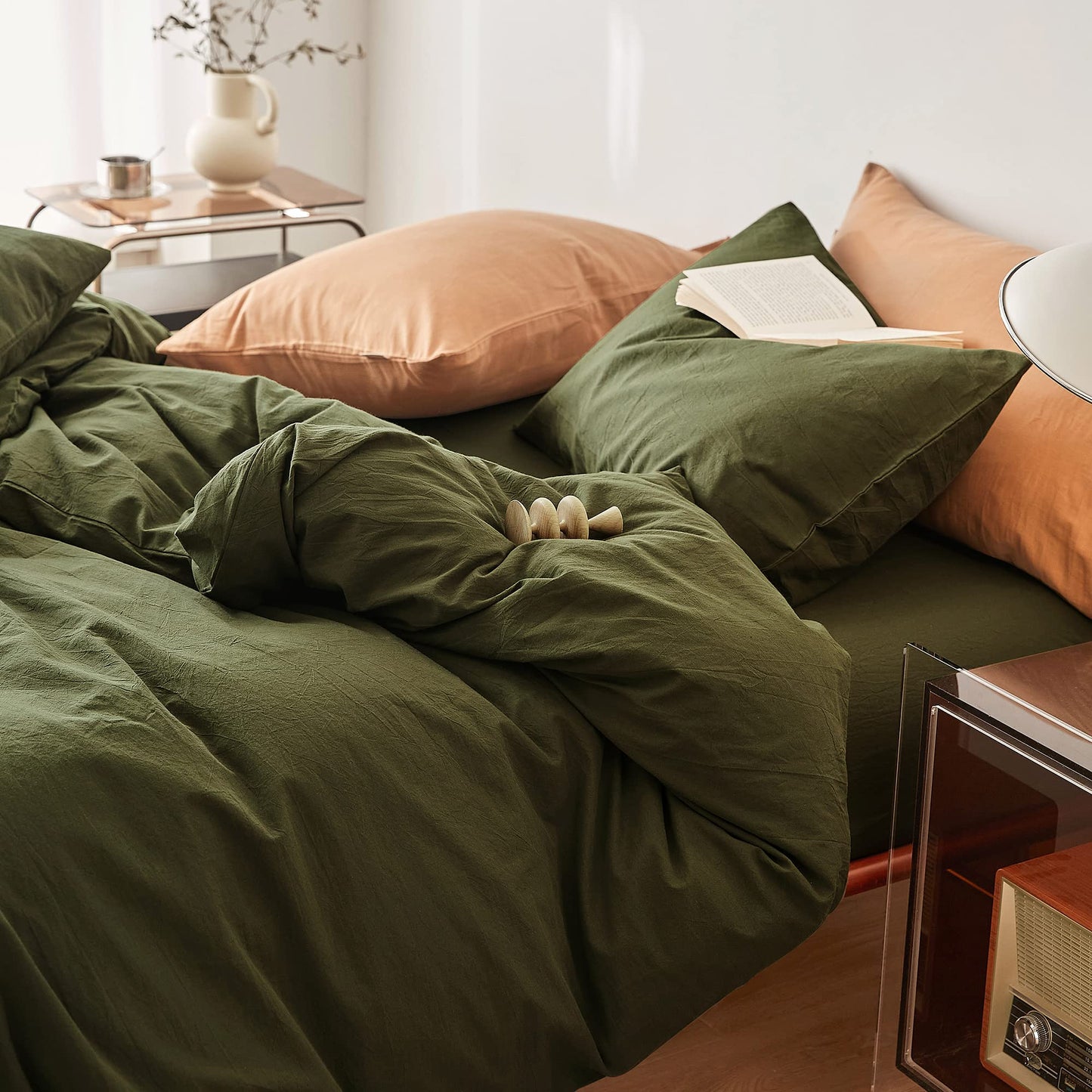 FANSTIVE Duvet Cover Set King Size, 100% Washed Cotton, Linen Like Super Soft and Breathable, 3 Pieces Olive Green Bedding Duvet Covers, Farmhouse Comforter Cover with Zipper Closure(No Comforter)