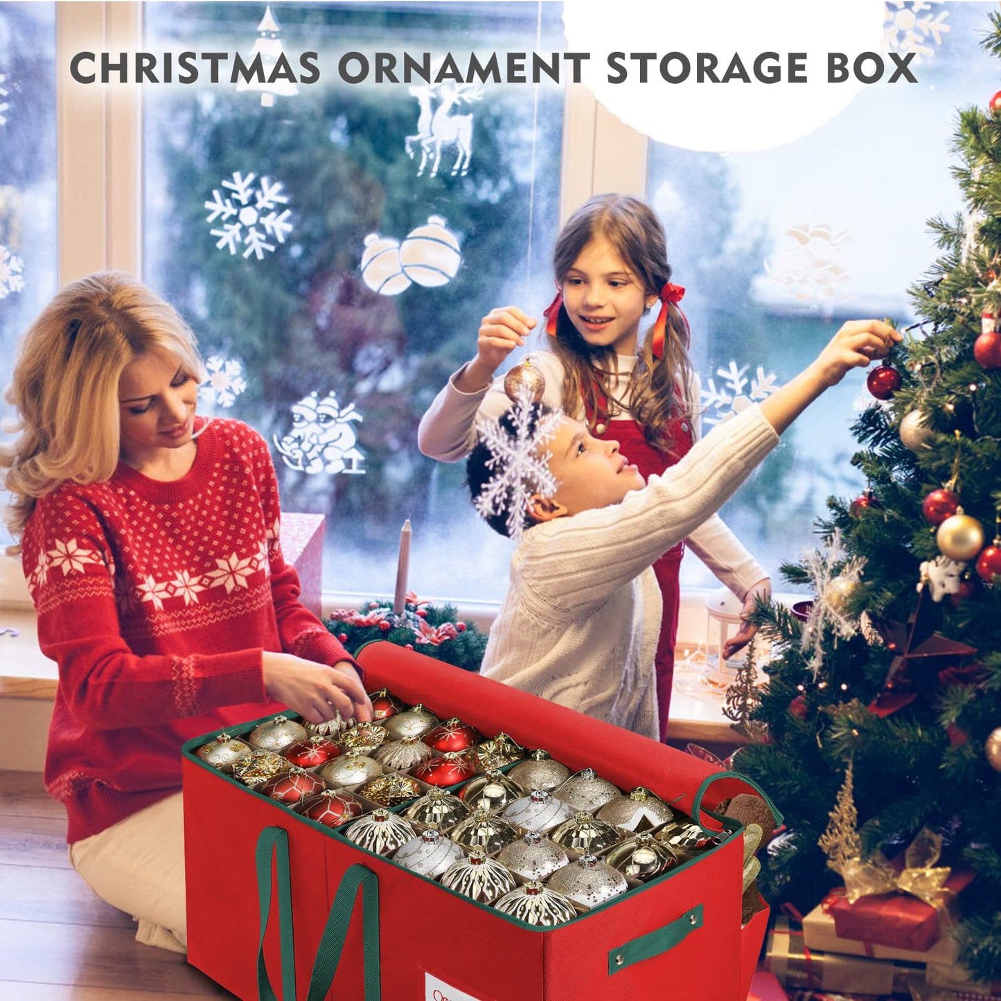 Large Christmas Ornament Storage Box,4 Tier Holds Up to 128 Holiday Ornaments 3-Inch, Xmas Decorations Accessories Bag with Dual Zipper Closure,Made of Durable 600D Oxford Fabric Material (Red1)