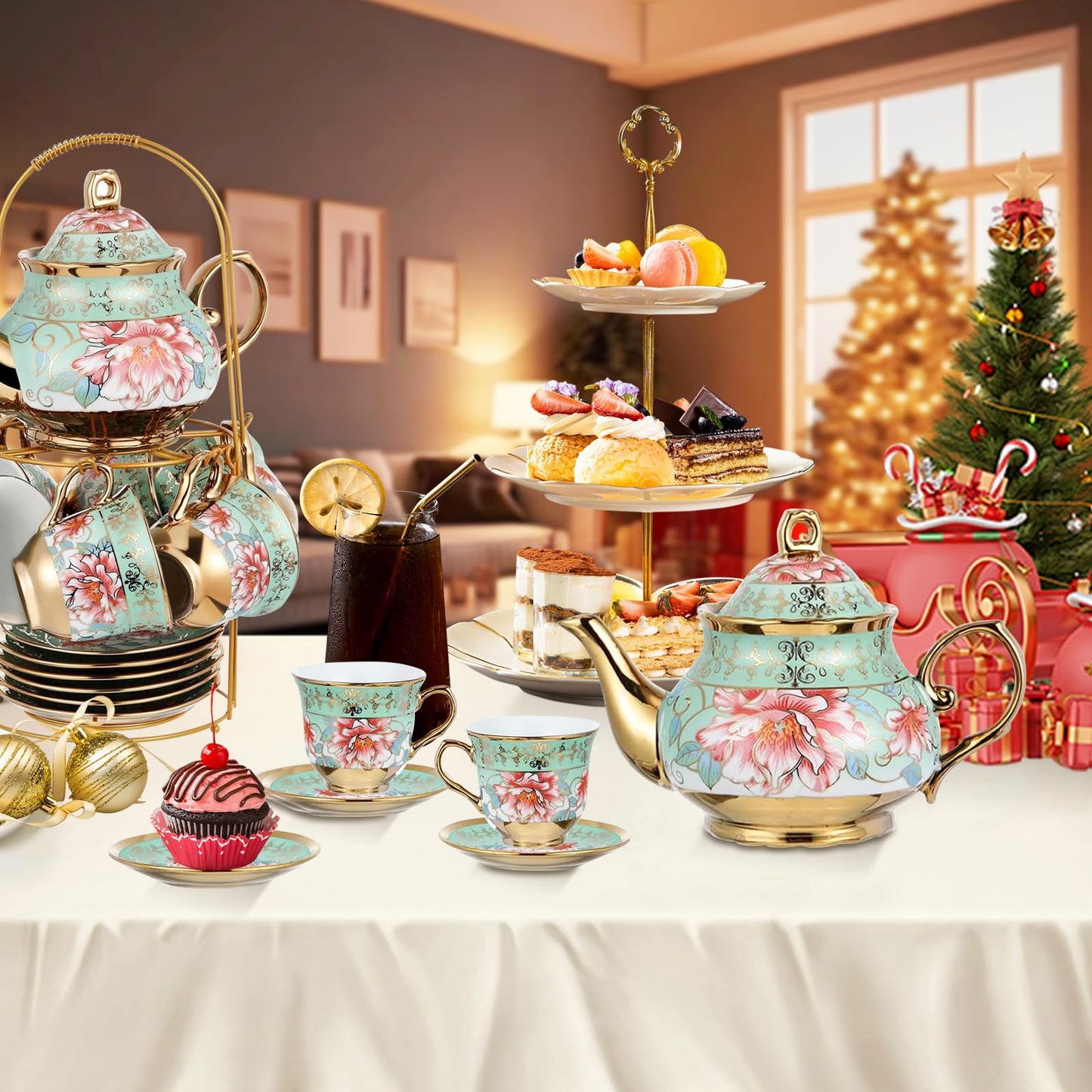 20 Pcs Porcelain Tea Set with Metal Holder, Adult Tea Sets Gift, European Ceramic Tea Set for Adults, Flower Tea Cup Saucer Set for Party with Gold Flower Painting (Fresh Green)
