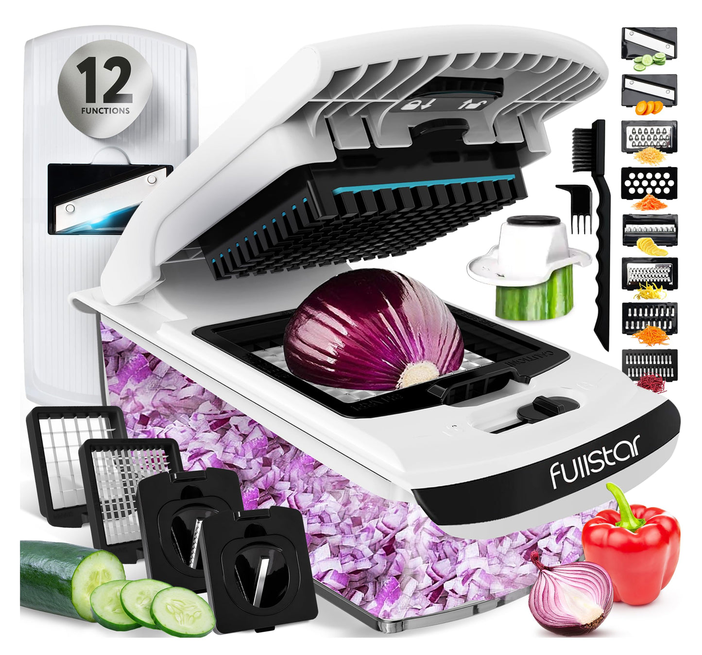 Fullstar Vegetable Chopper & Mandoline Slicer - Julienne Cutter Dicer Grater for Food Veggie Onion Cucumber Tomato Salad Potato Cheese - Kitchen Essentials & Gadgets (PRO 12-in-1, White)