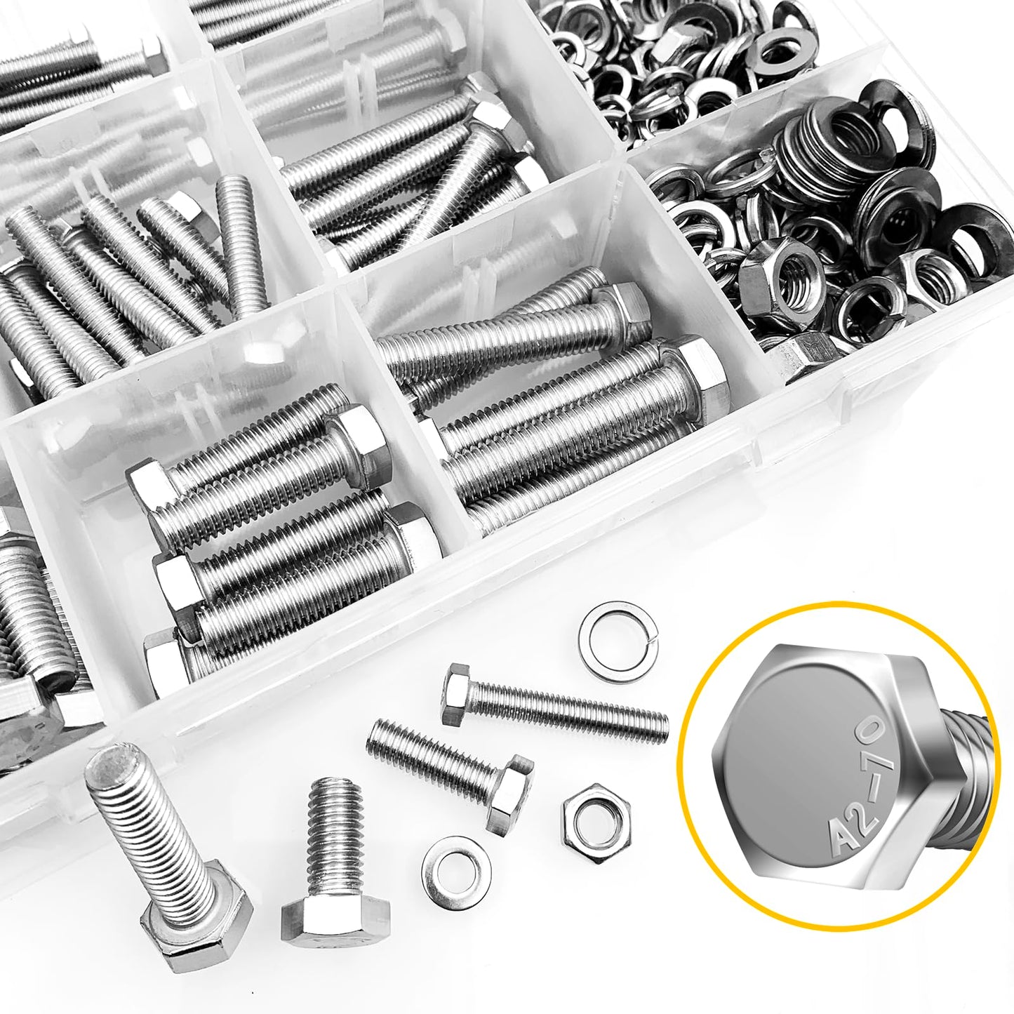 Mywish 448PCS M5 M6 M8 Bolt Screw Set, Metric Bolt Assortment, 304 Stainless Steel, Nut and Bolt Set Flat & Spring Washers, Hex Head Cap Screws Bolts and Nuts Kit, Fully Thread