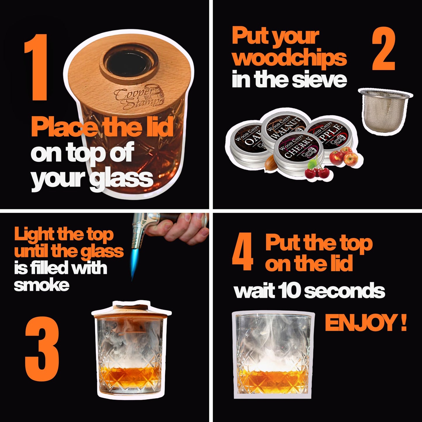 COOPER STAMP Cocktail Smoker Kit - Old-Fashioned Drink Smoker with Torch - 4 Kinds of Wood Chips for Men, Dad, Husband, Brother or Whiskey/Bourbon Lover - Butane not Included