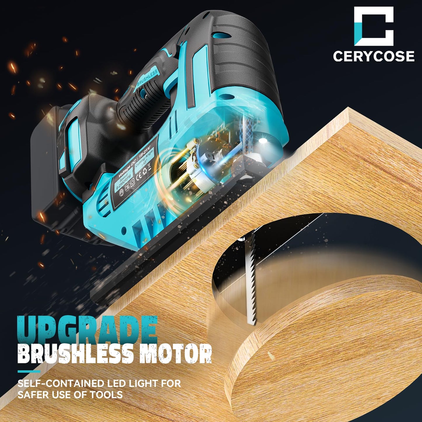 Cerycose Jig Saw Compatible with Makita 18V Battery, Cordless Jigsaw Tool Brushless Motor, Variable Speed, Bevel Angle (0°-45°), LED Light with 3 Position Orbital Setting(No Battery)