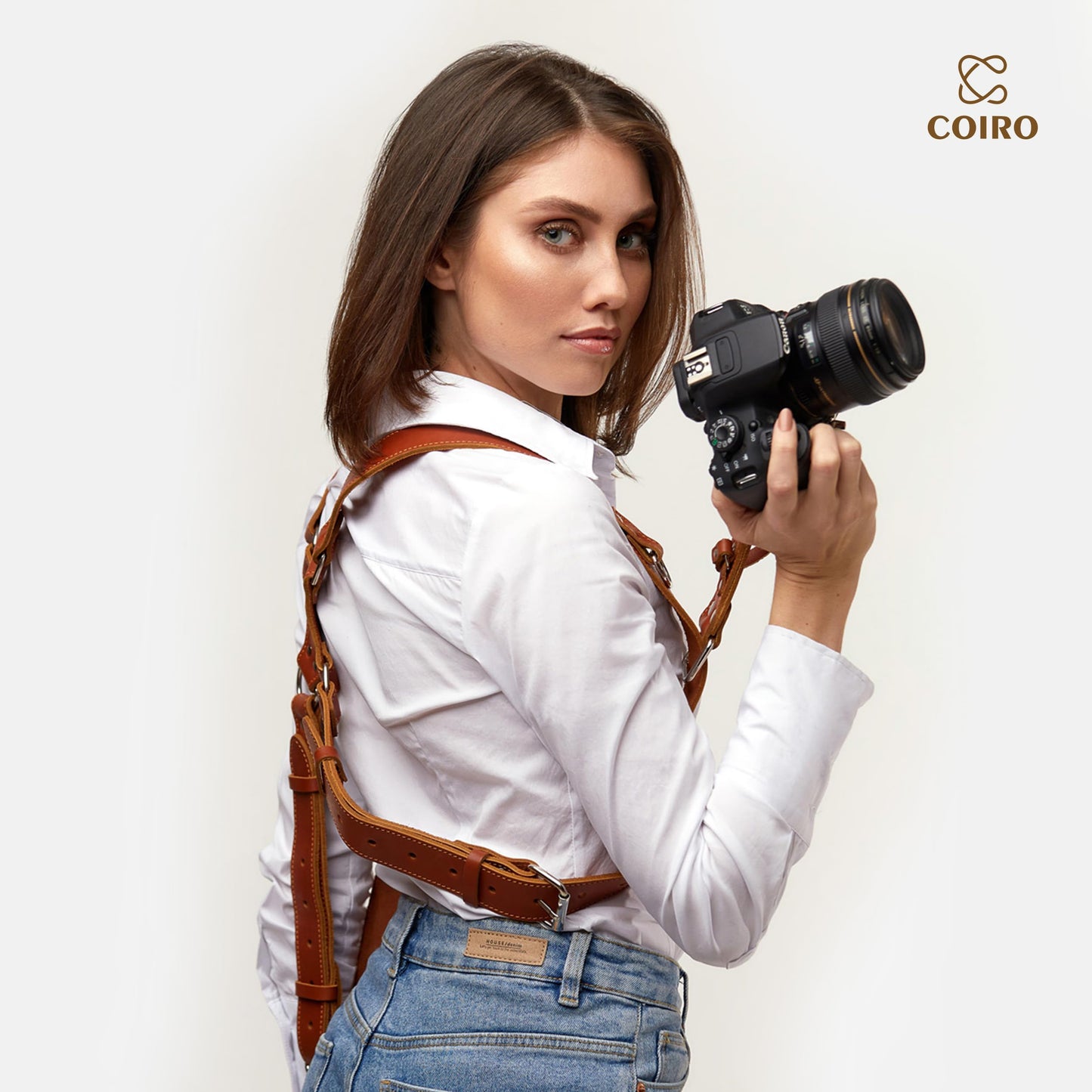 C Coiro Camera Harness for 2 Cameras – Dual Shoulder Leather Camera Strap – Double Camera Harness for DSLR/SLR, Tan, adjustable