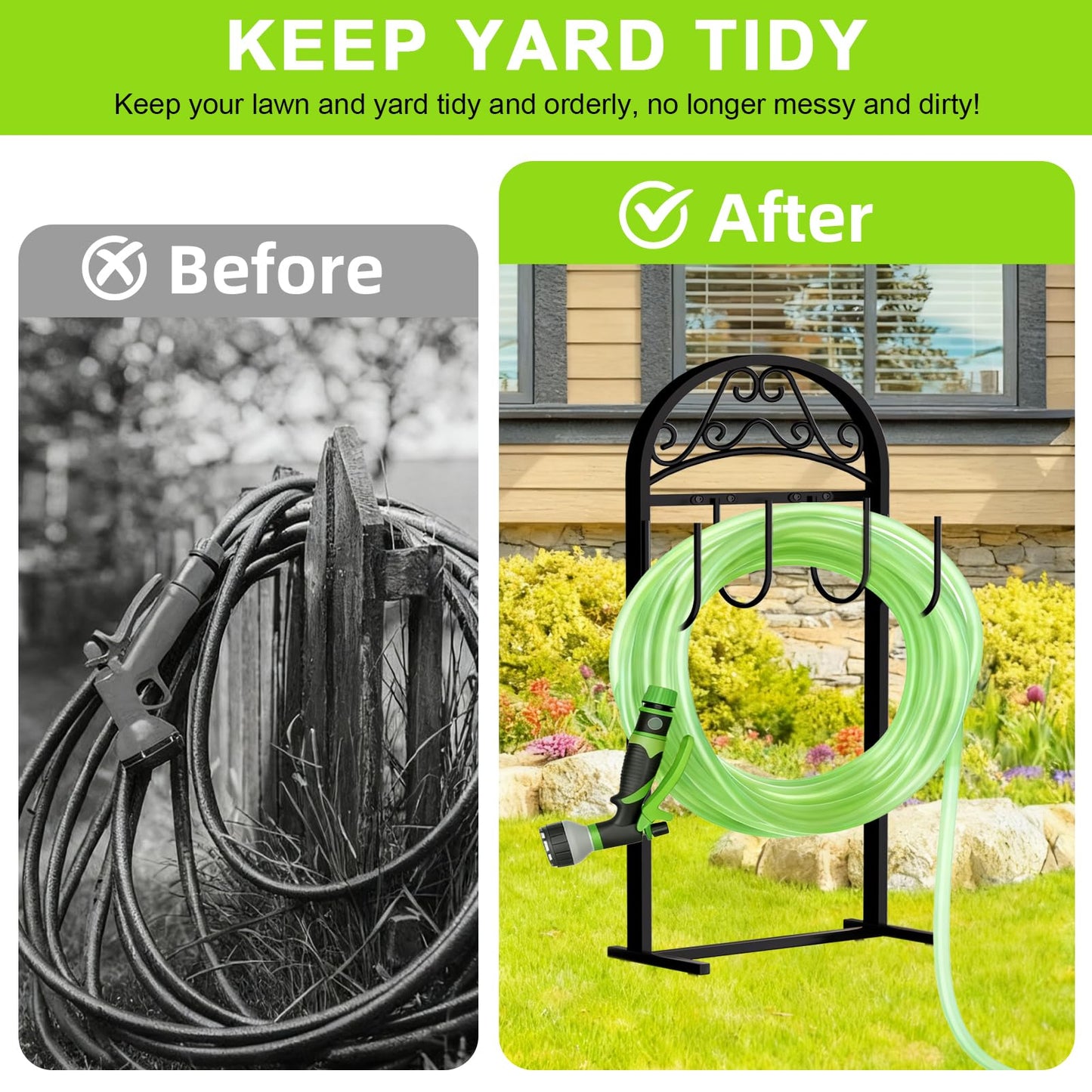 Freexployer Hose Holder, Heavy-Duty Garden Hose Stand for 100FT Hoses, Freestanding Water Hose Holder for Yard & Garden, Black