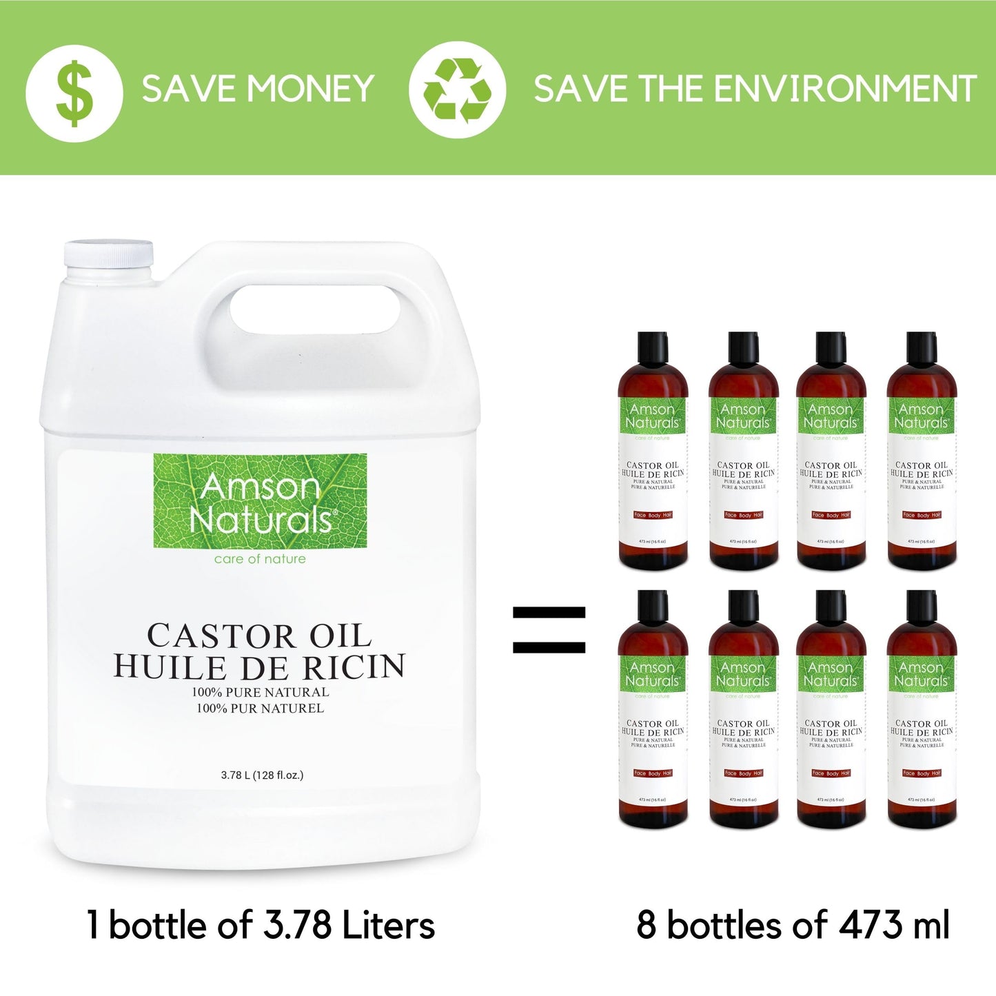 Castor Oil 3.78 Litres / 1 Gallon / 128 oz -100% Pure & Natural Castor oil for Eyelashes, Eyebrows, Lash, Beard, Hair, Nails, Skin, Cold Pressed DIY multipurpose carrier oil. Huile de ricin pour cheveux Amson Naturals