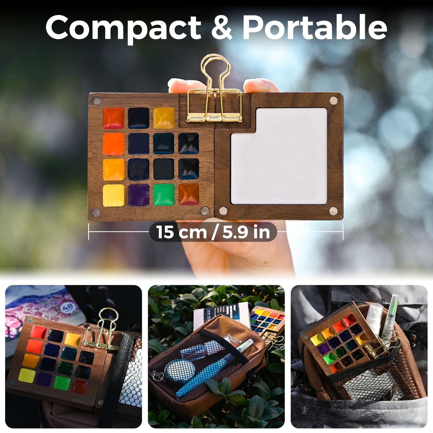 Funto Mini Watercolor Paint Set, All-In-One Walnut Wood 15-Color Premium Pocket Travel Paint Kit, with Crossbody Bag,Watercolor Journal, Metal Clip, Paint Water Cup, Water Brush Ideal for Art Lovers