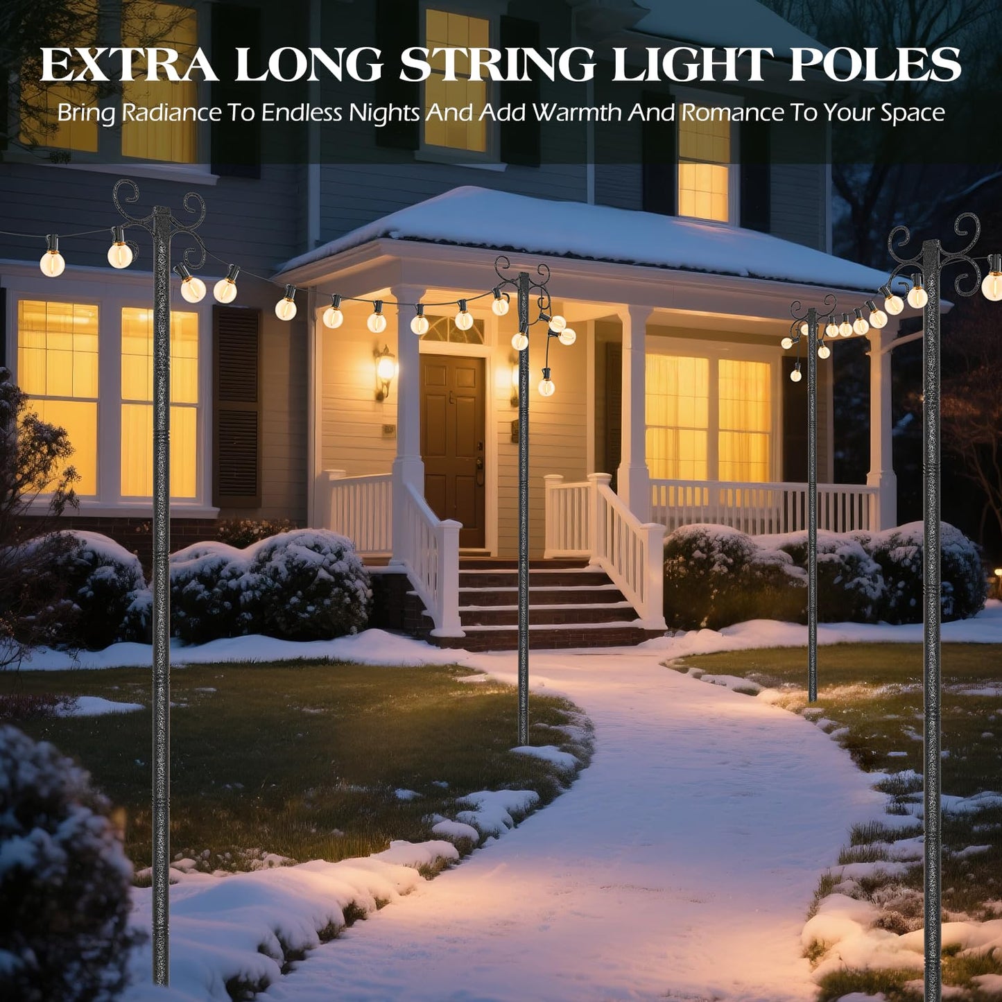 4 Pack String Light Poles, 10Ft Adjustable Height Metal Lights Pole with 4 Hooks and Rustproof, for Yard Patio Decor, Camping, Sun Shades Outdoor, Outside Decor