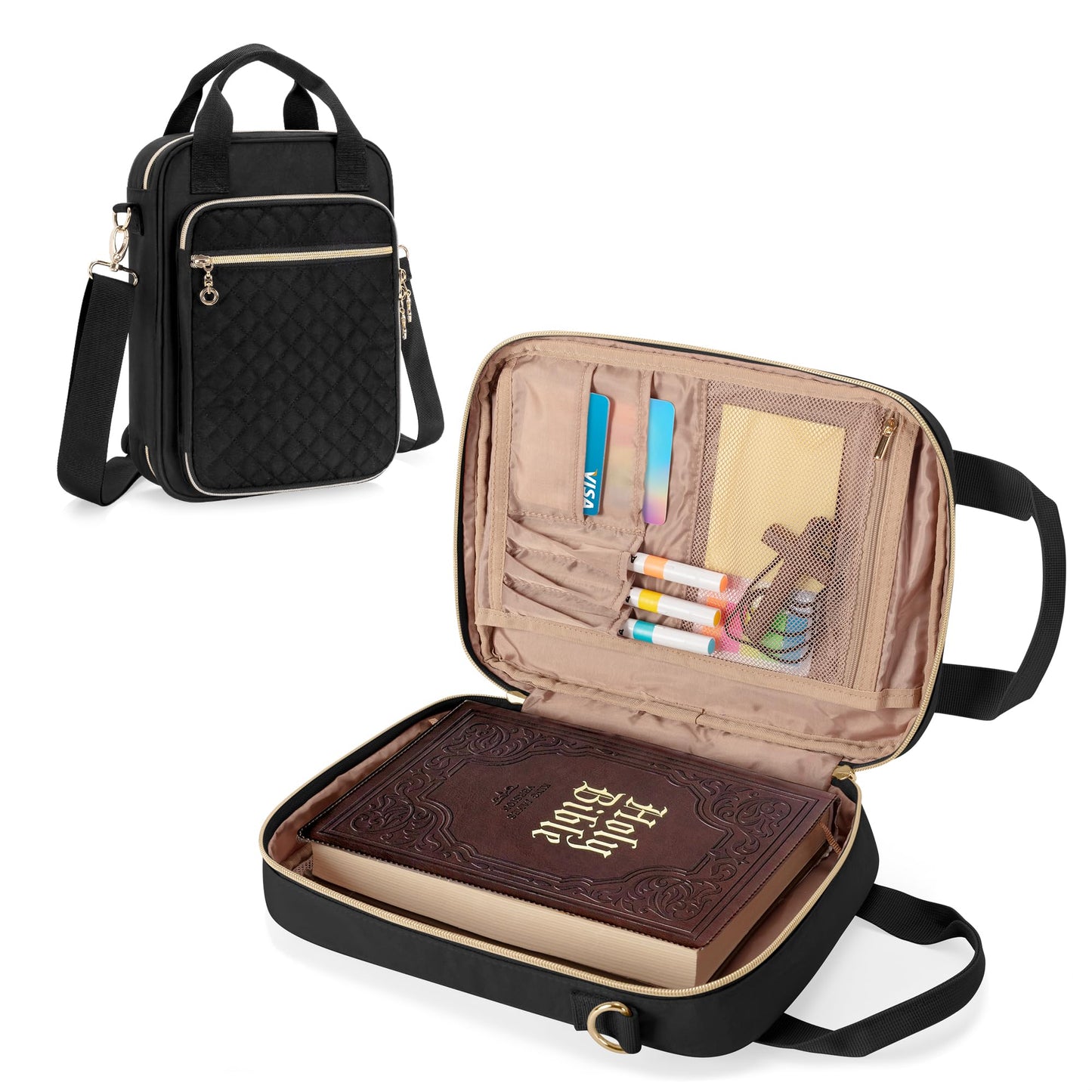 Teamoy Bible Cover Case for Women Men, Bible Book Cover Church Bag Carrying Case with Shoulder Strap, Black Quilted