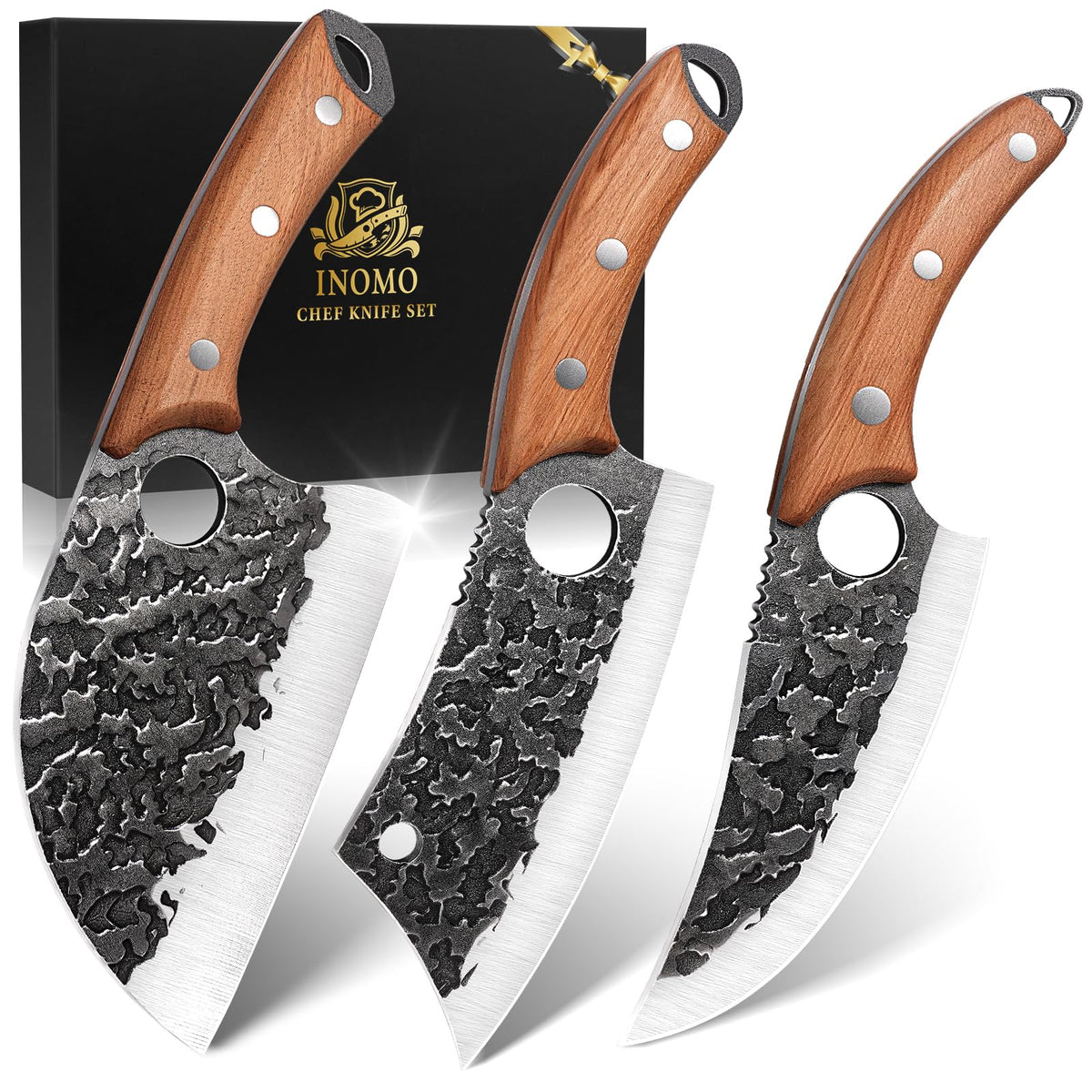 3-Piece Kitchen Knife Set – Serbian Chef's Knife,Cleaver Knife, Boning Knife, 3Pcs High Carbon Steel Hand Forged Knife Set with Ergonomic Handles for Kitchen Outdoor Cooking, Birthday Gifts for Men