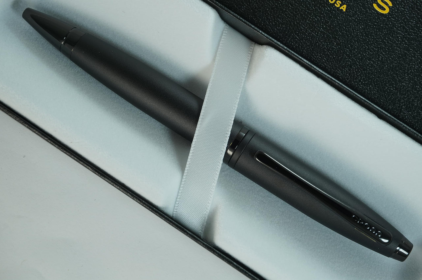 Cross Calais Refillable Ballpoint Pen signature mid band, Medium Point, Includes Gift Box - Matte Black Barrel and PVD Appointments.