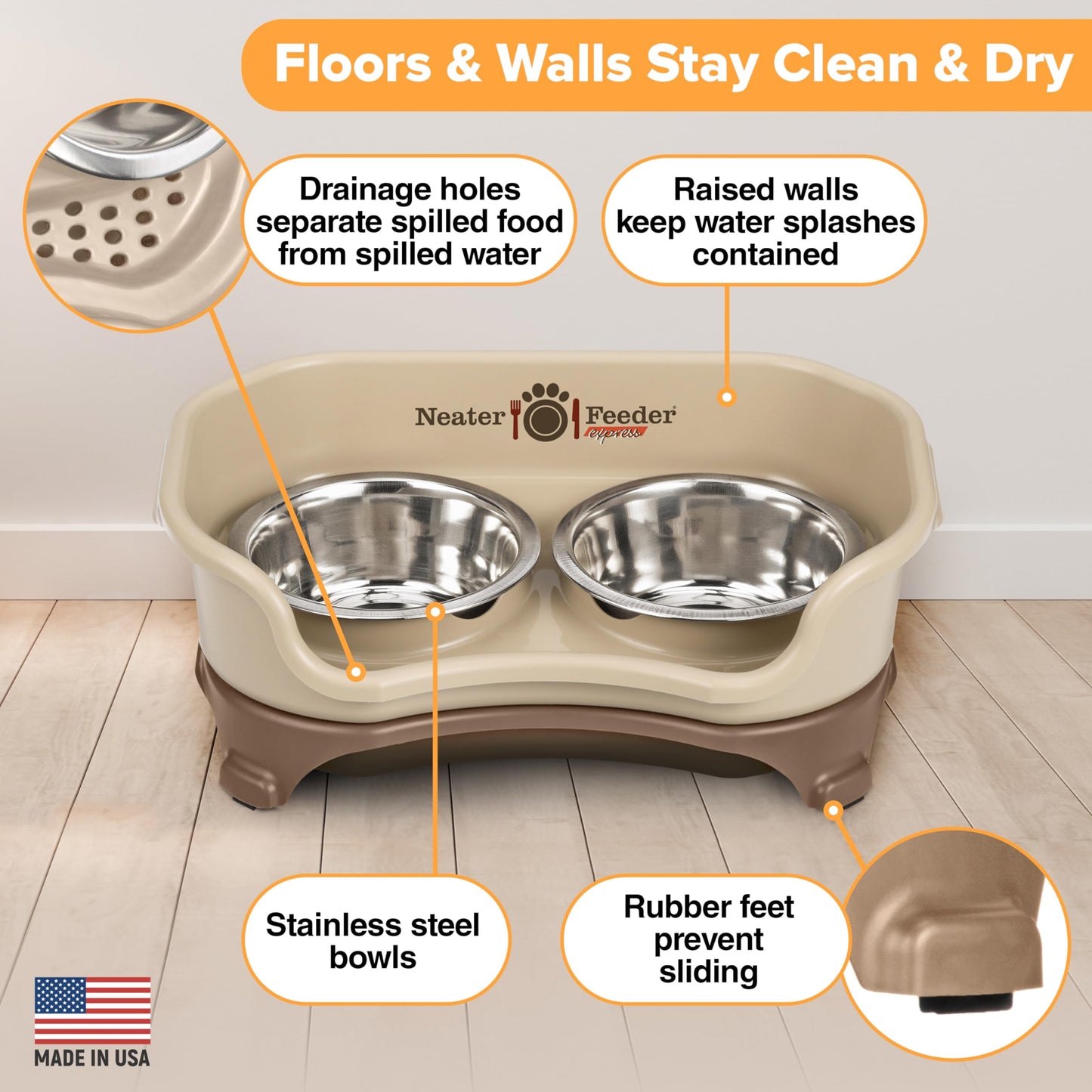 Neater Feeder - Express Model - Mess-Proof Cat & Dog Bowls – Made in USA – Elevated, No Spill, Non-Tip, Raised Stainless Steel Food & Water Bowls