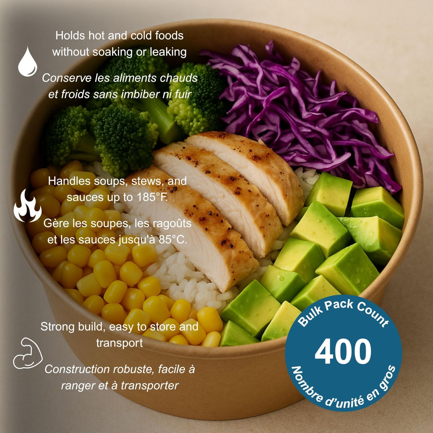 Café Express 8 oz Brown Kraft Paper Soup Bowls, 400 Count (8 x 50) – Disposable Takeout Containers, Microwaveable, Leak & Grease Resistant, for Hot & Cold Foods